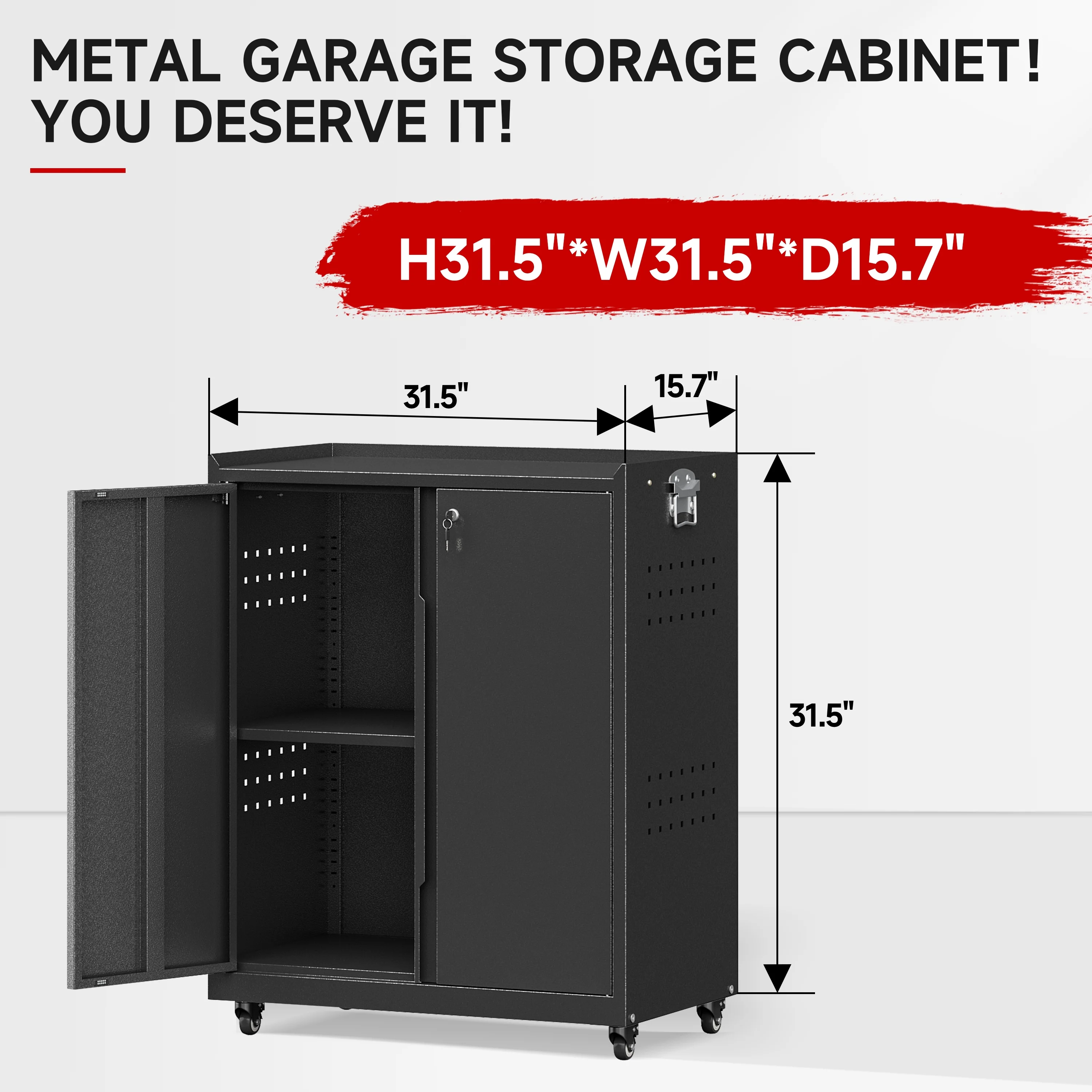 Bestoo Metal Storage Cabinet with Locking Doors, Garage Storage Cabinet with Wheels and Adjustable Shelves, Rolling Tool Storage Cabinet for Home Office, Garage, Pantry (Black)