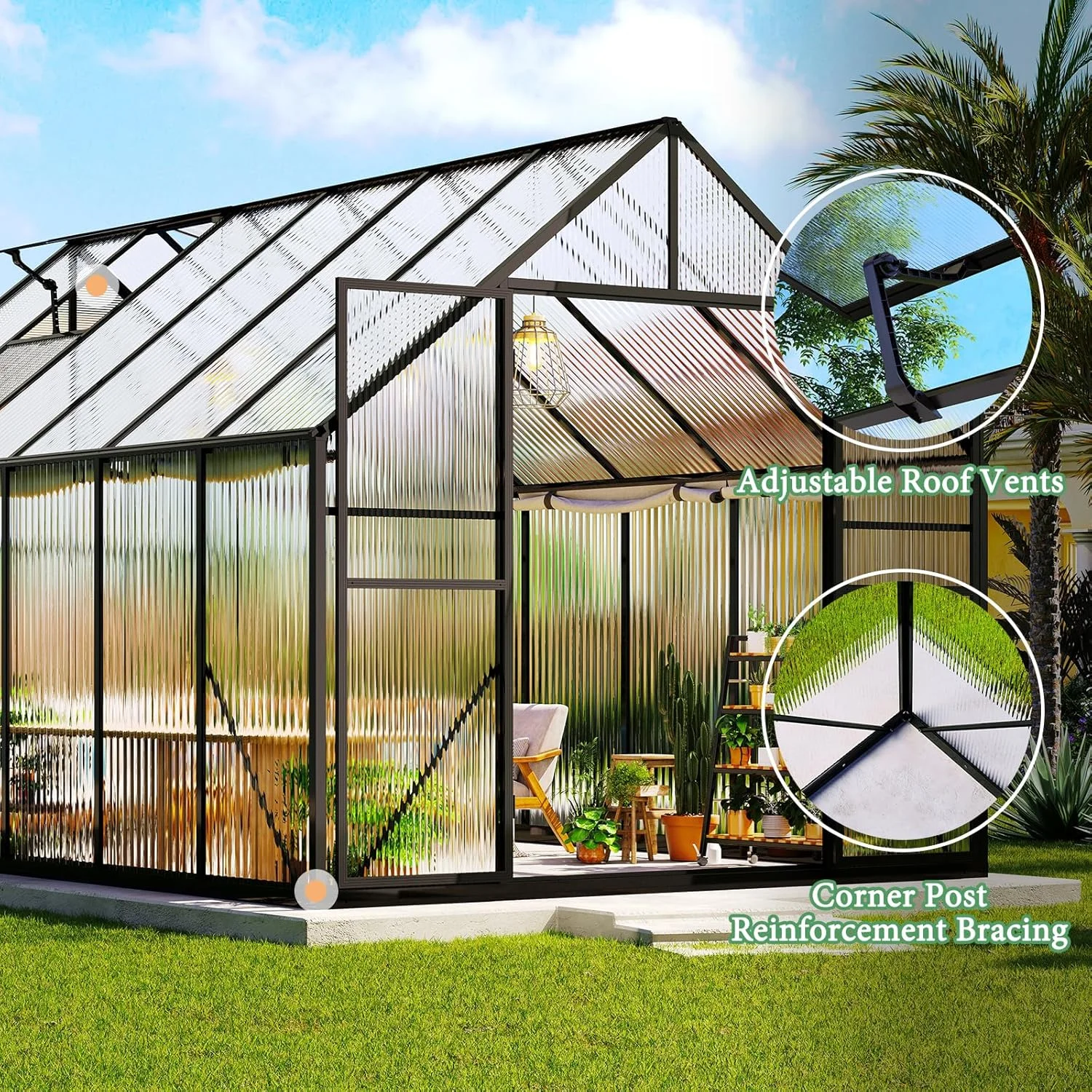 Jocisland 8x8x7 FT Polycarbonate Walk-In Greenhouse with Aluminum Frame, 2 Top-Opening Windows & 2 Swing Doors, Heavy Duty for Outdoor Garden Use, Black - Image 4
