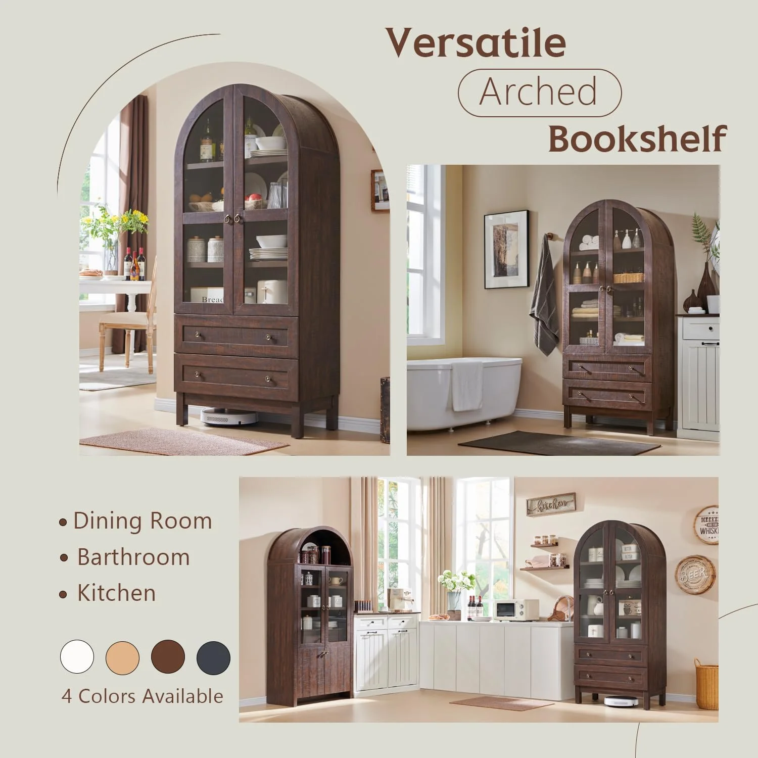 IFGET 71-Inch Arched 4-Tier Bookcase with Glass Doors and Drawers - Image 32