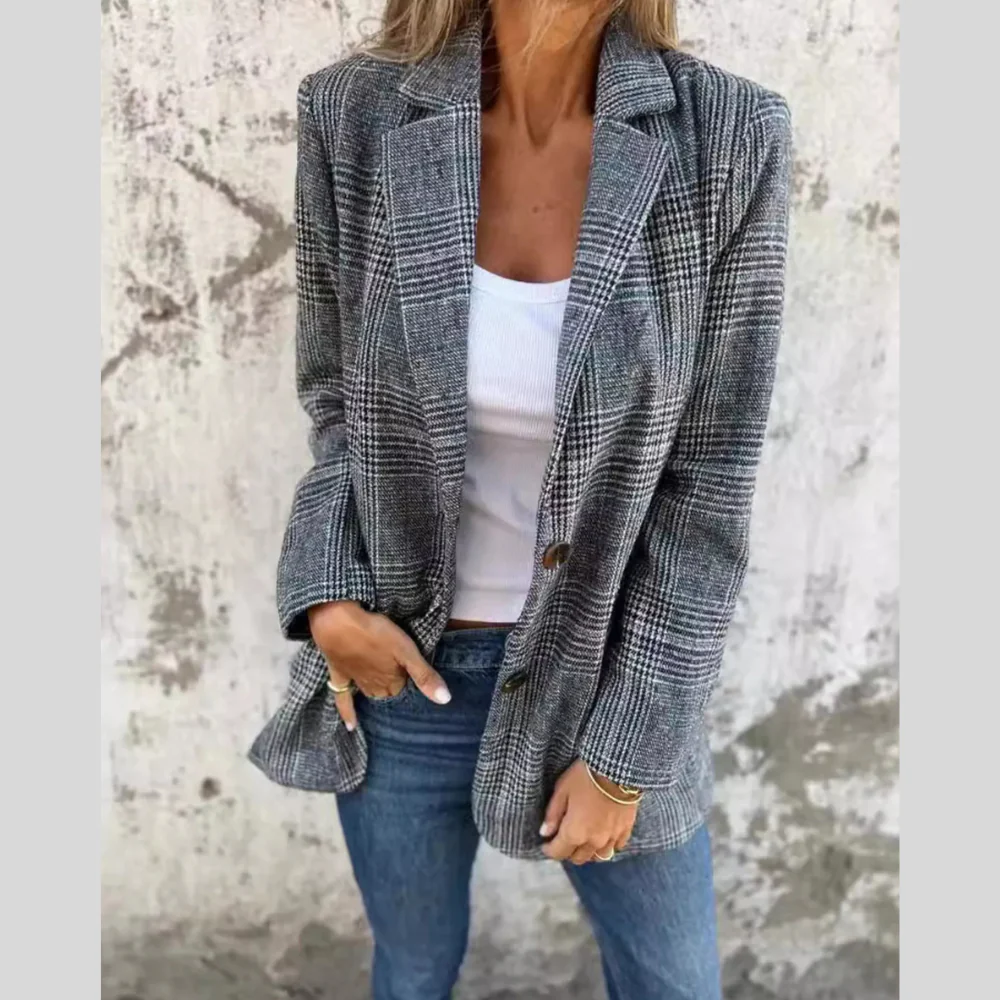 Full Size Plaid Single-Breasted Long Sleeve Blazer Plus Size - ZKZOOK