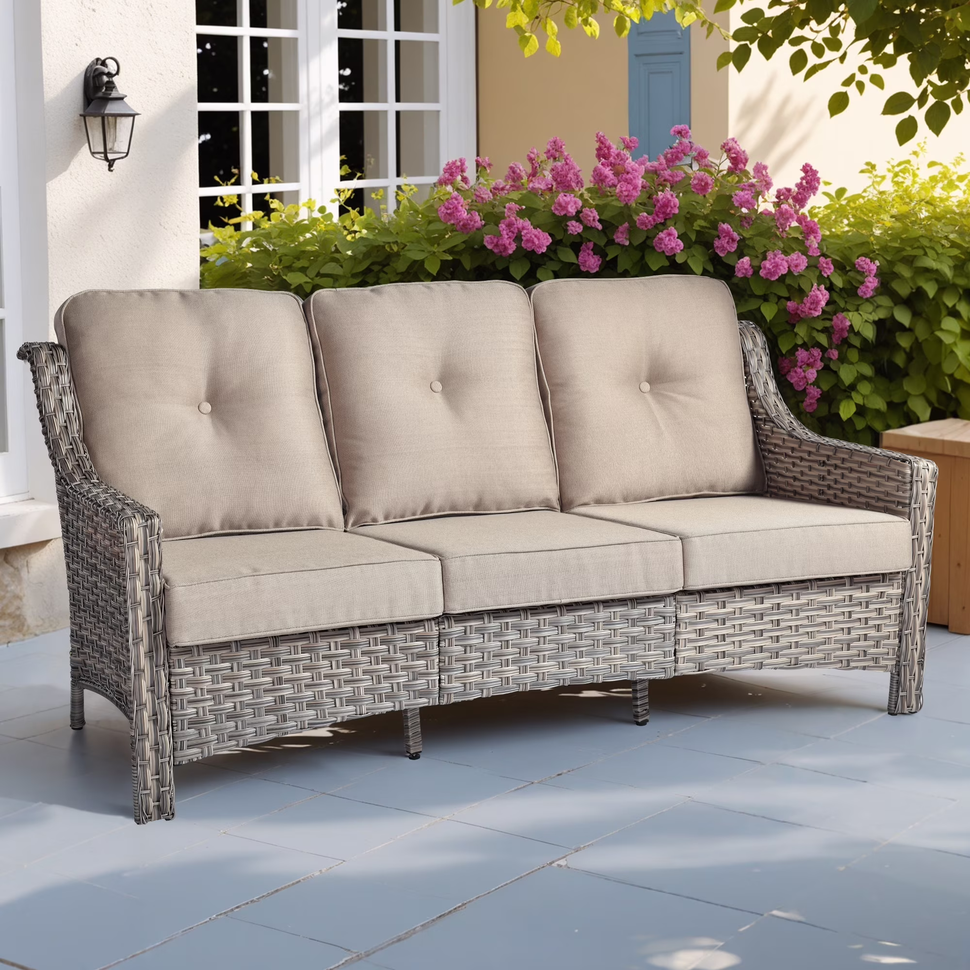 Ovios Outdoor Patio Sofa 3-Seater with Cushions All-Weather Wicker Rattan Couch for Garden, Porch, or Backyard - Image 7