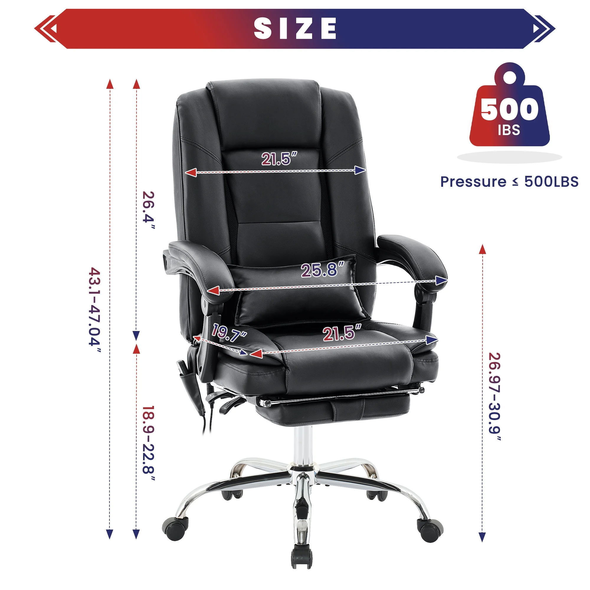 JONPONY Big and Tall Office Chair 500LBS Executive Office Chair Massage and Footrest Ergonomic Computer Desk Chair Reclining High Back Leather Office Chair Lumbar Back Support Swivel Rolling,Black