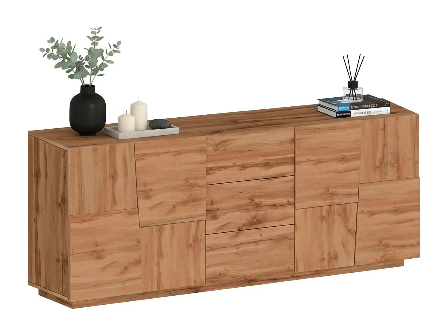 Buffet Yoel, Buffet de salon, Buffet de salon avec 4 portes et 3 tiroirs, 220x44h86 cm, Chêne