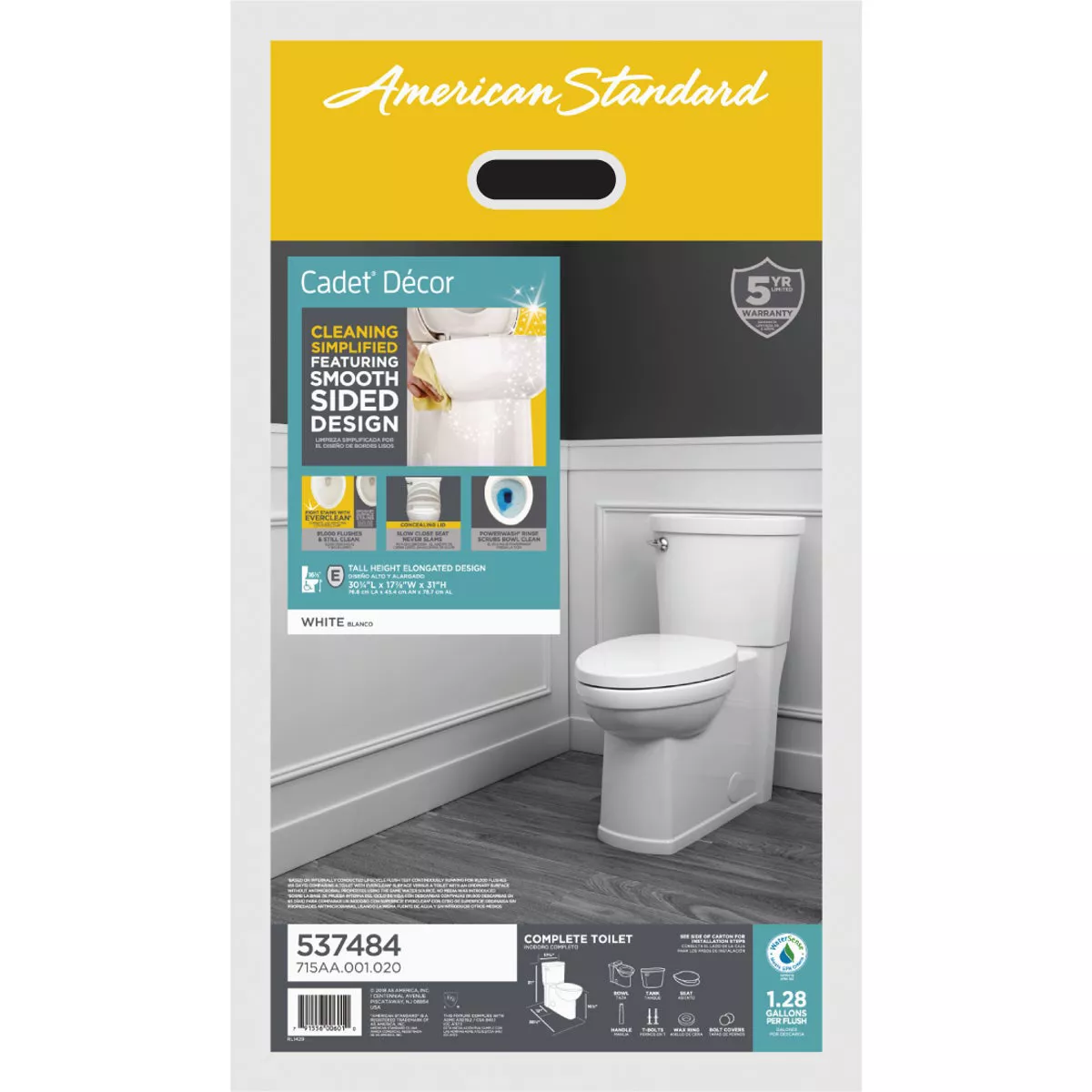 American Standard Cadet 3 Decor White Chair Height Elongated Bowl 1.28 GPF Toilet