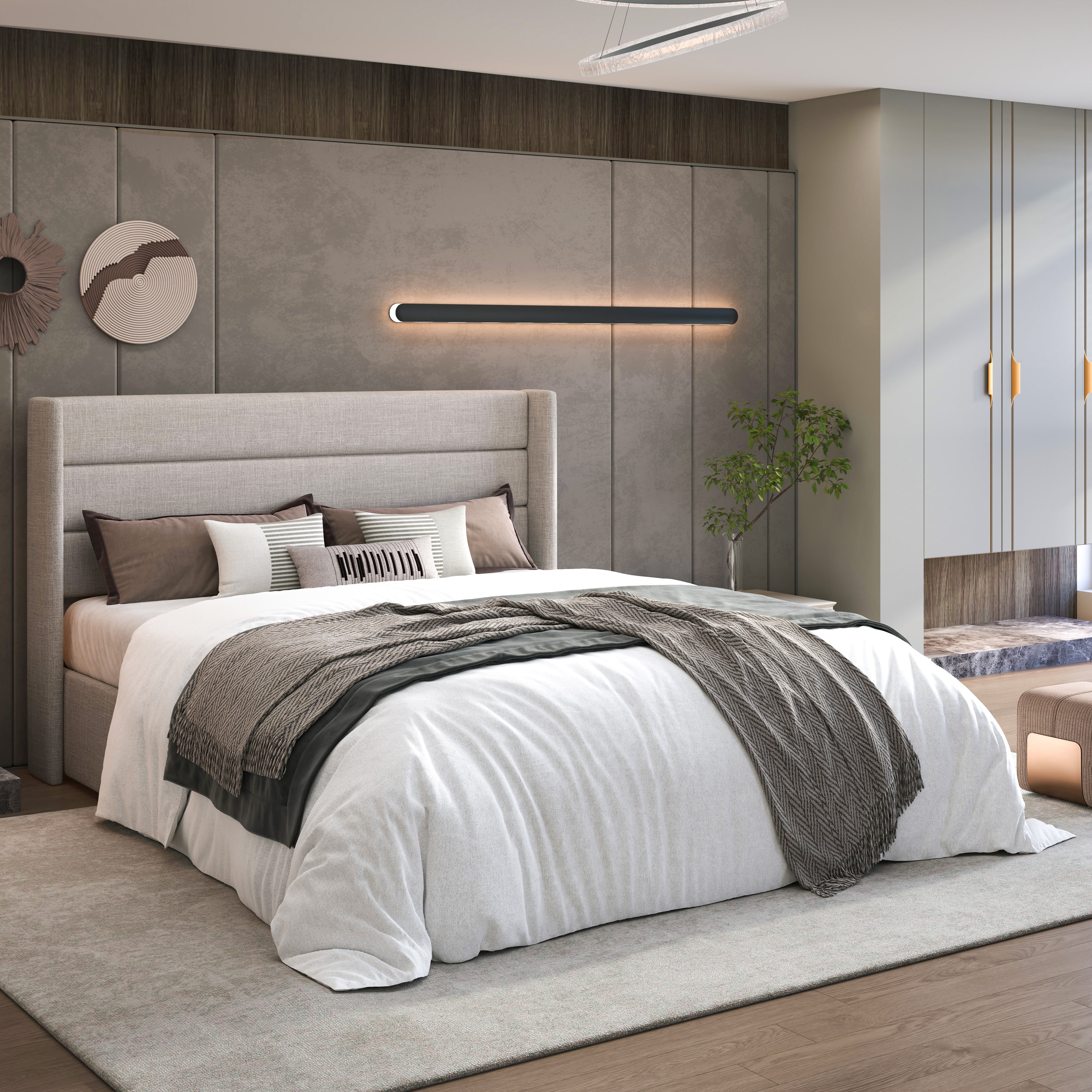 Sha Cerlin Queen Size Lift Up Hydraulic Storage Bed Frame, Platform Bed with Fabric Upholstered Wingback Headboard, No Box Spring Needed, Beige