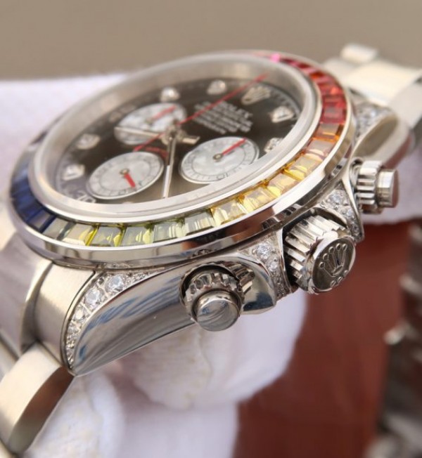 Replica Rolex Daytona 116599 Colorful Crystal Bezel Black Dial SS Bracelet A7750 - Elite Watch Atelier