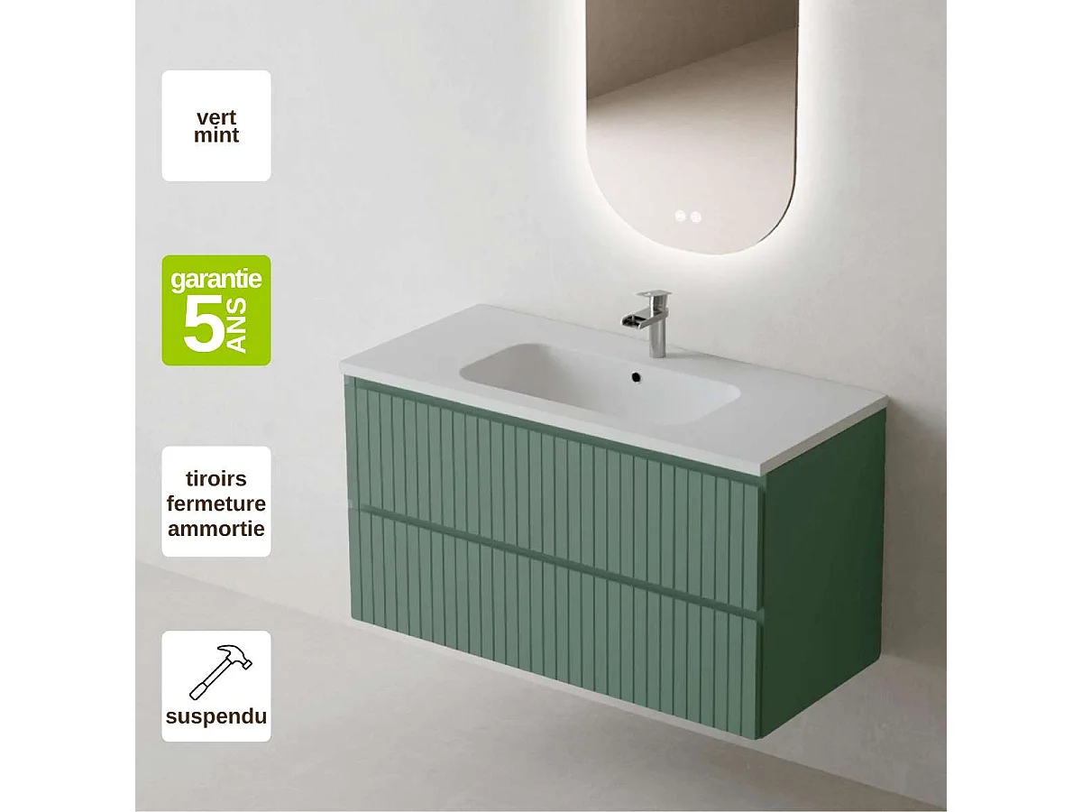 Meuble Salle de Bain GLOW 80cm, Plan Vasque Solid Surface, 2 Tiroirs, Laqué Vert Mint, H 54cm x P 45cm