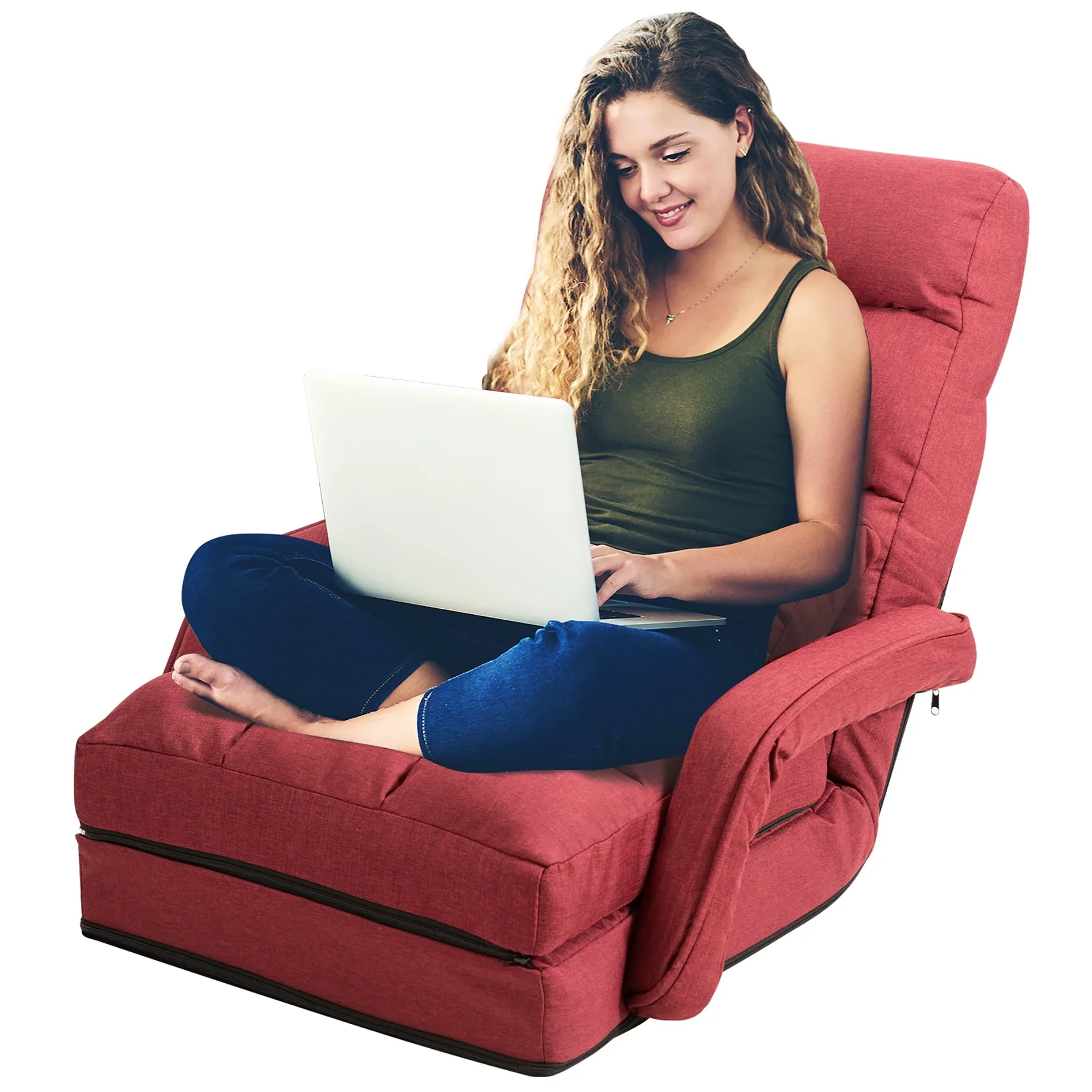 Costway Folding Floor Armchair w/ 6-position Adjustable Back & Lumbar Pillow Red - Image 12