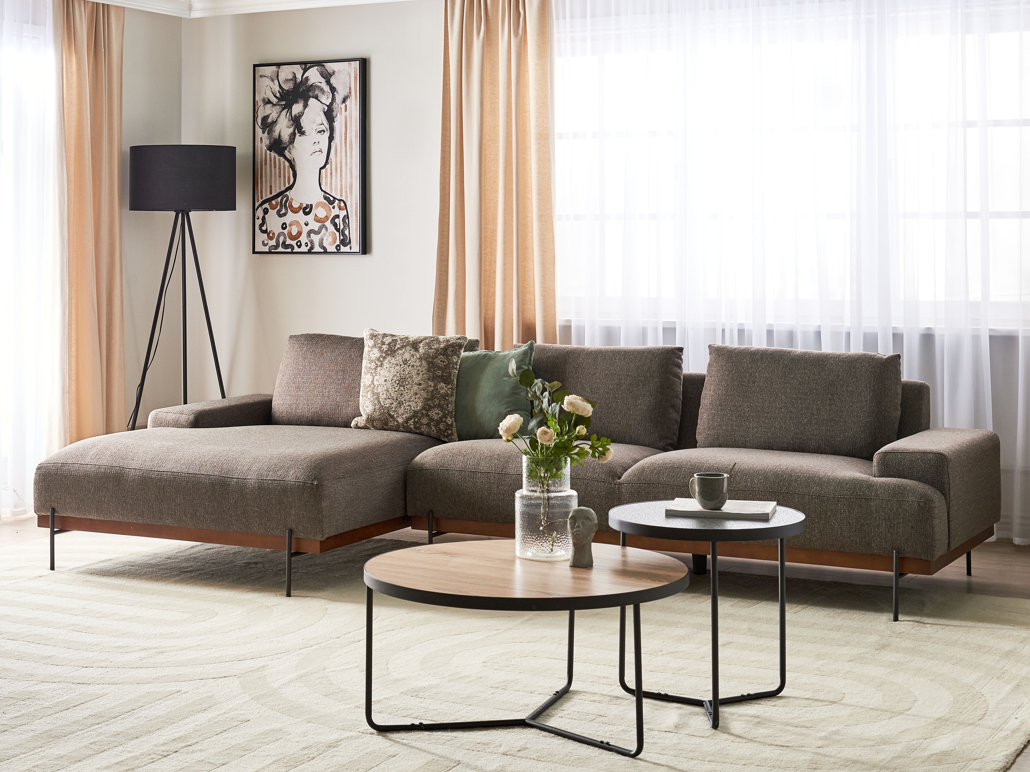 Corner Sofa 4 Seater MARIFERD Fabric Brown Right Hand