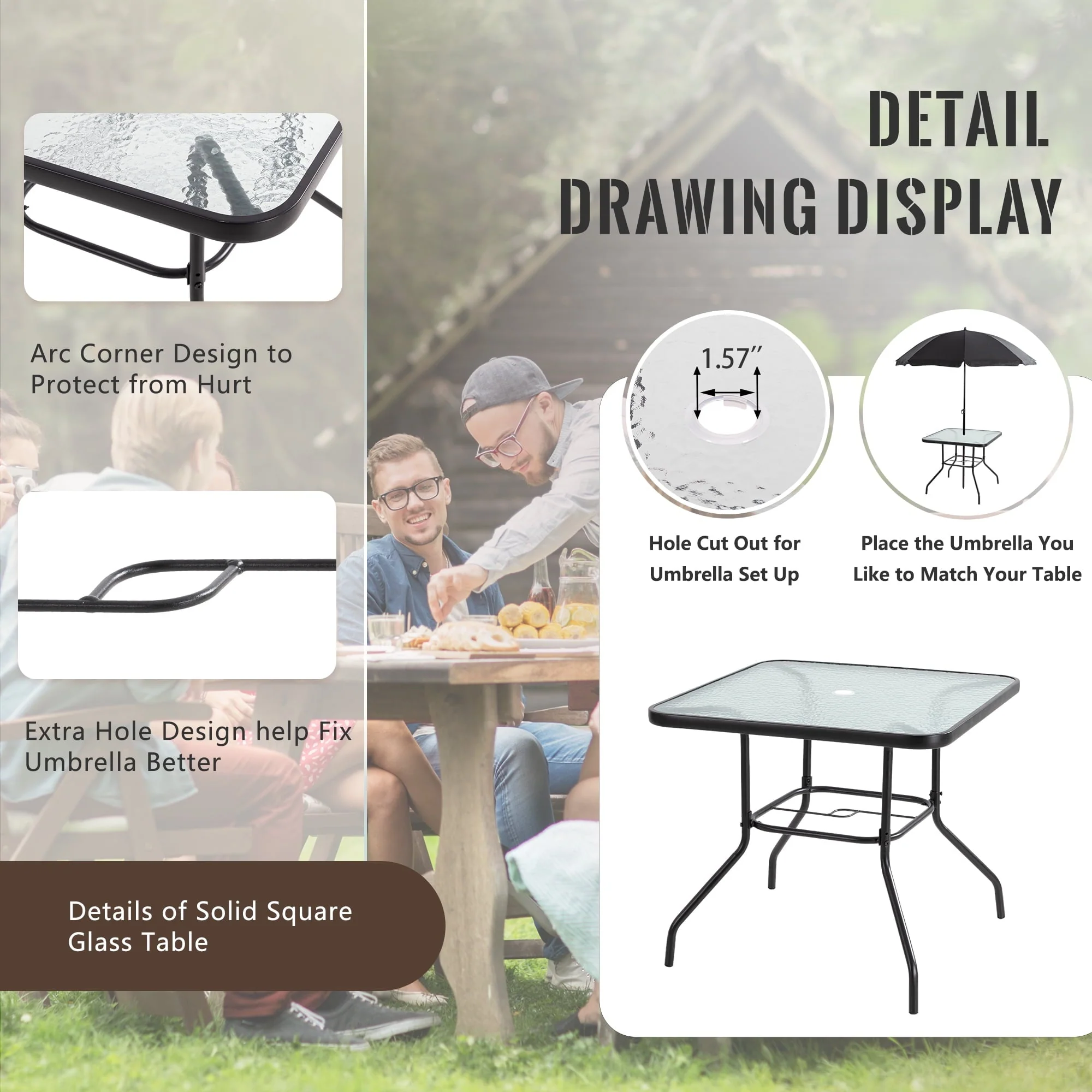 Sobaniilo 6 Piece Folding Outdoor Dining Set for 4, Metal Patio Garden Patio Furniture Table and Chair Set with Umbrella, Black
