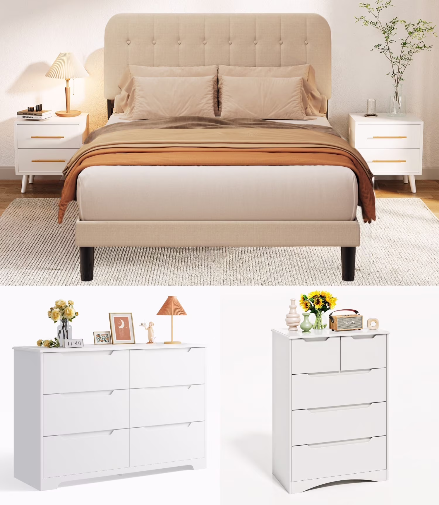 5 Pieces Bedroom Furniture Set, Includes Queen Size Bed Frame with Headboard, 2 Wooden 6- Drawers Dressers???Nightstand Set of 2 for Bedroom, White