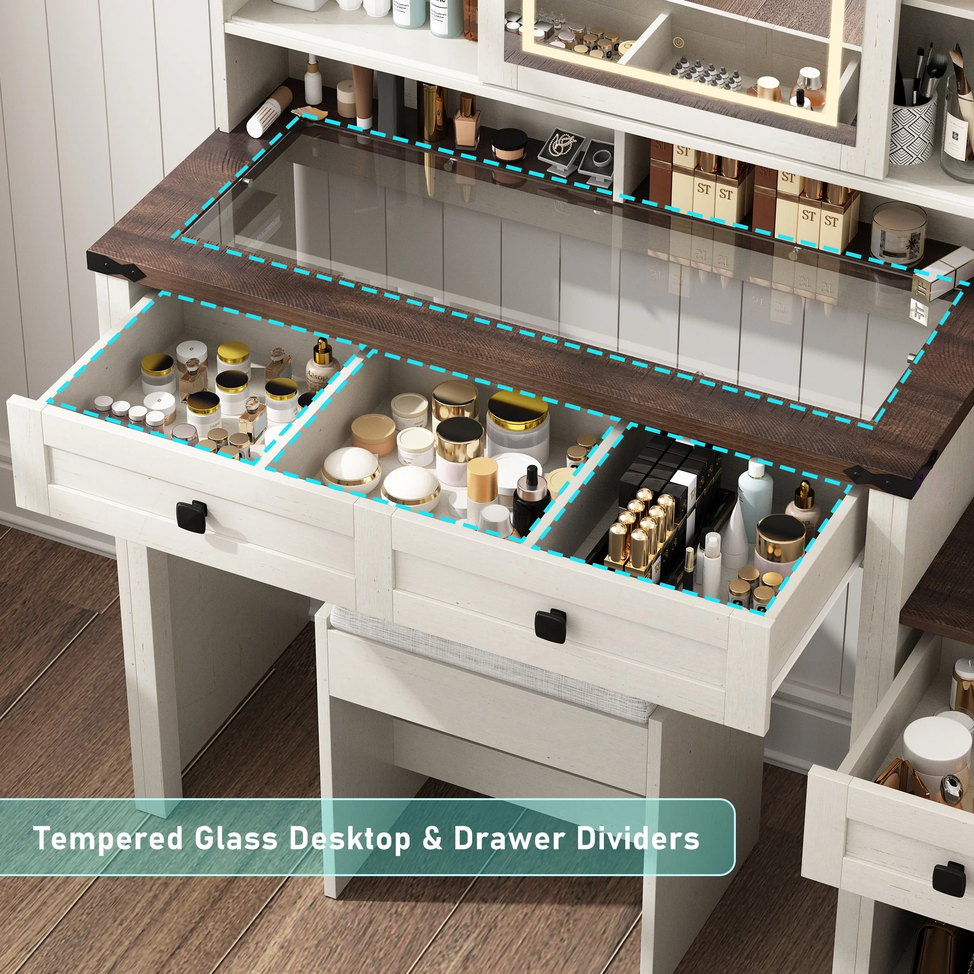 Blotout 47.2" Farmhouse Rustic Makeup Vanity Desk with Sliding Mirror and Lights, Glass Top Vanity Set with Charging Station & 3 Drawers & 1 Cabinet & Stool, Big Vanity (White) - Image 4