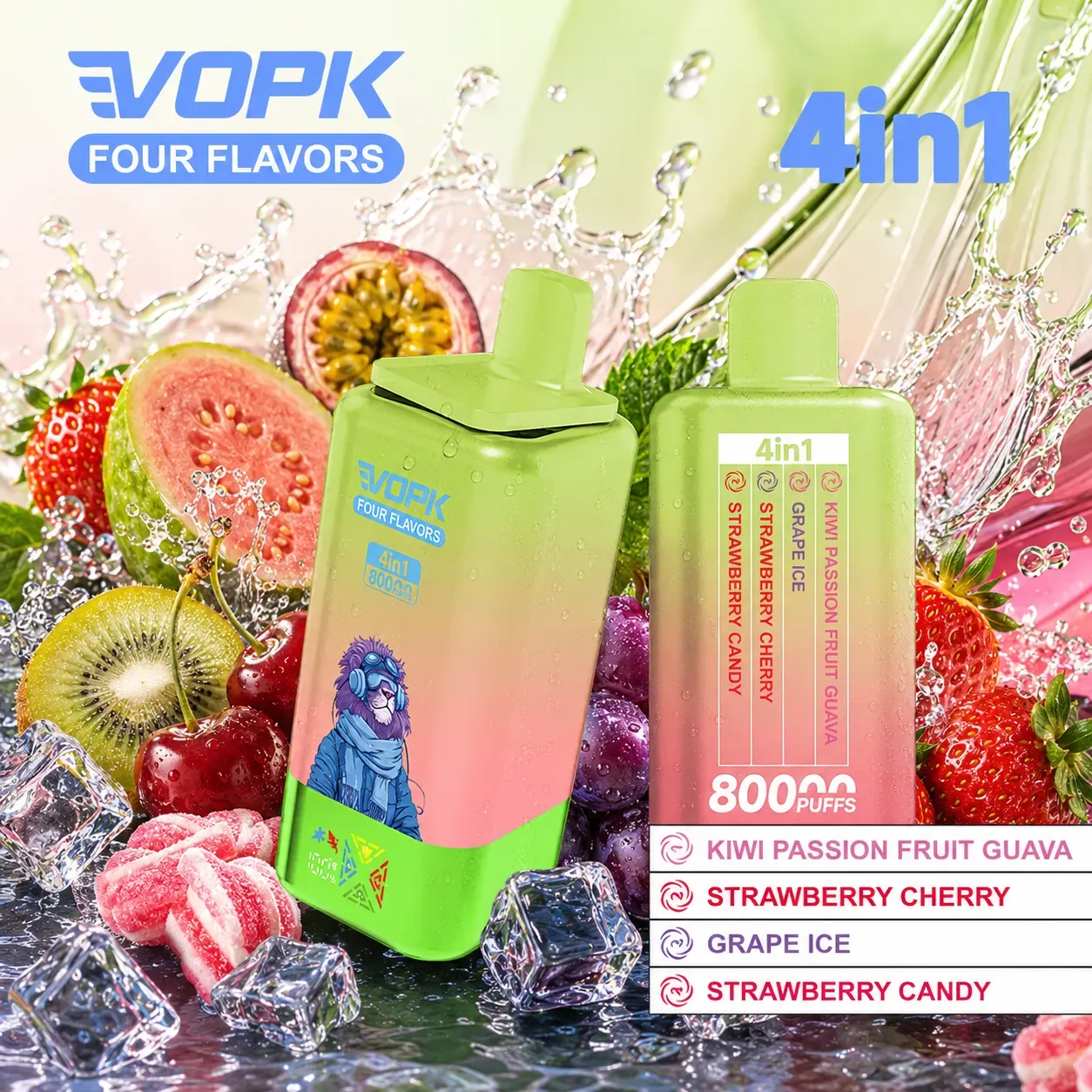 VOPK 80 000 puffów 4in1 – 650 mAh, 0,9 Ω, Type-C, wyświetlacz cyfrowy; 4 smaki w jednym urządzeniu