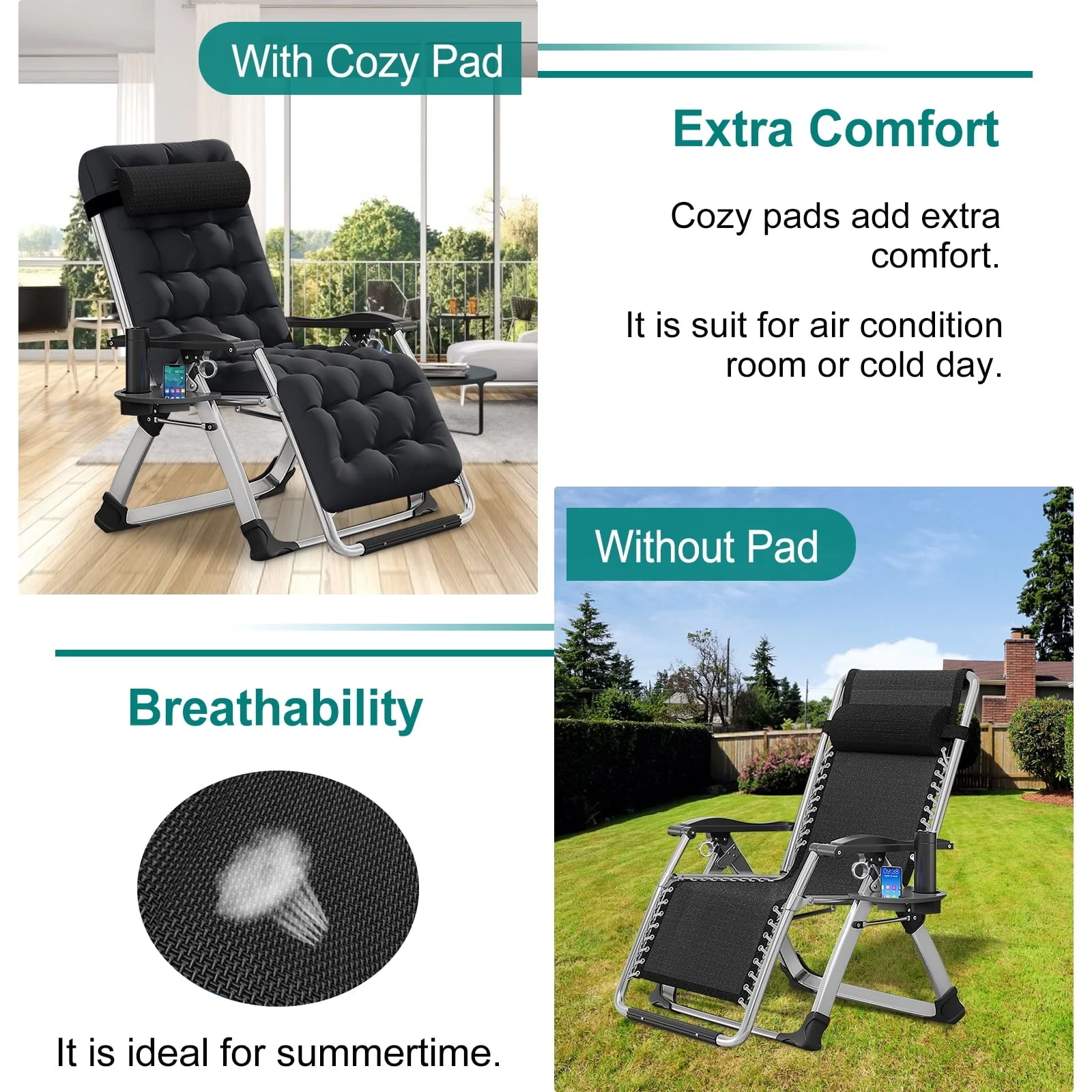 Docred Zero Gravity Chair , Lawn Recliner Folding Chaise Lounge with Removeable Pad Soft Cushion, Headrest and Cup Holder, Camping chairs Patio Fold Lounger Chair - Image 8