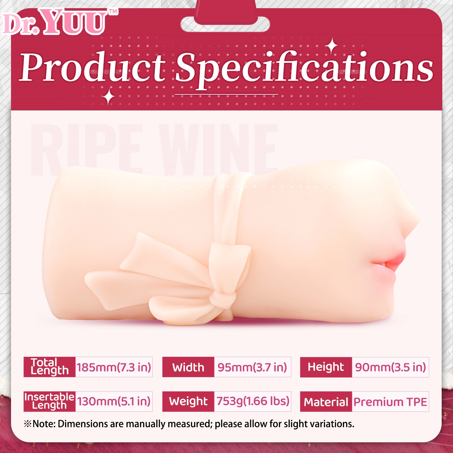 Detailed technical specifications and size chart for the Dr.YUU heated pocket pussy.