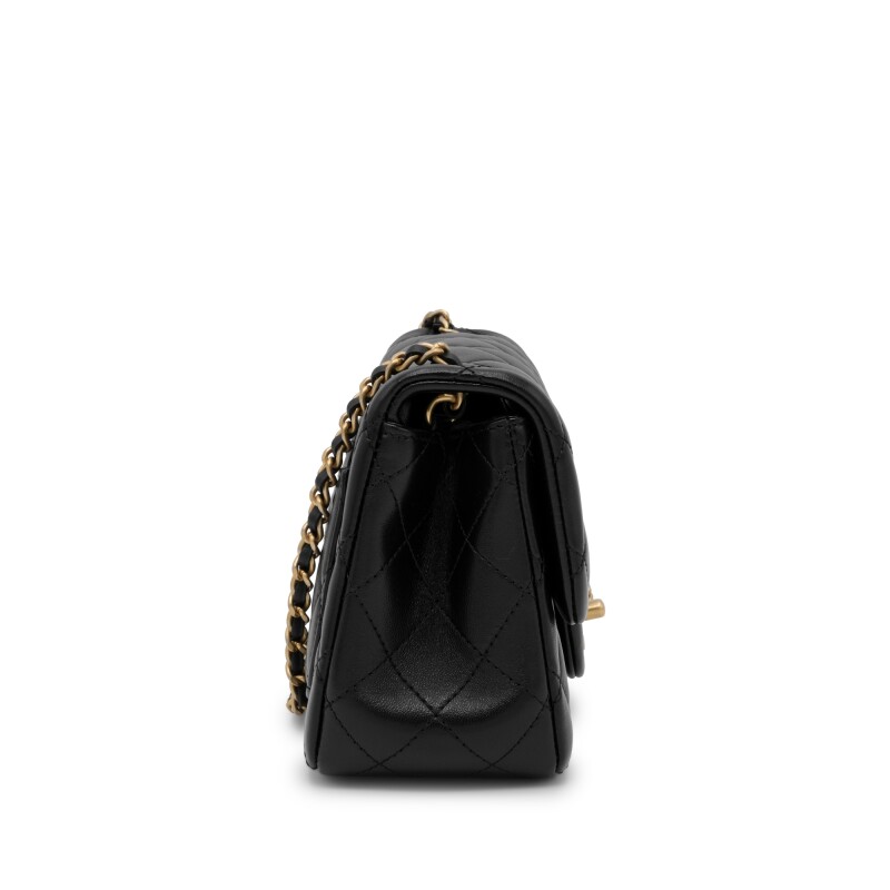 Classic Black Quilted Mini Flap Bag with Adjustable Gold Ball Chain - COZYMIZE