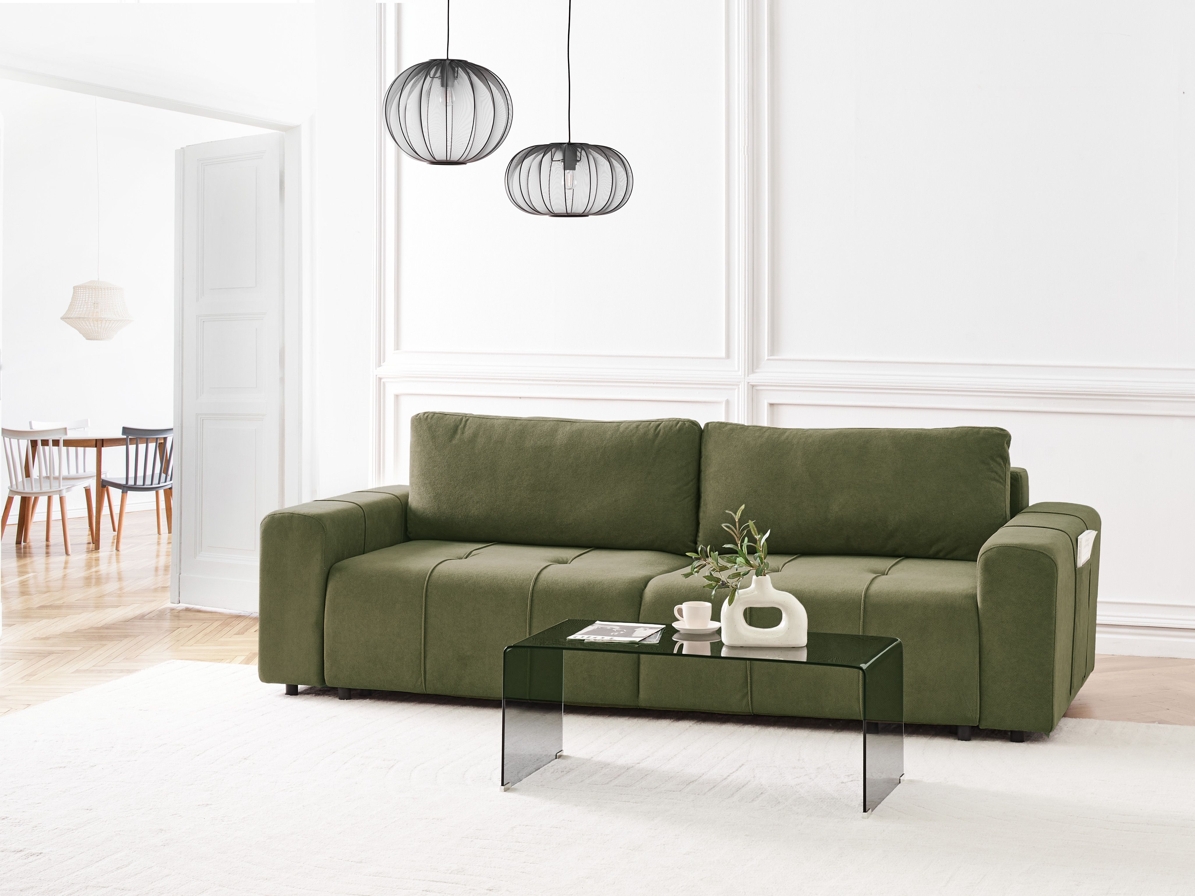 Sofa Bed 3 Seater INNVIK Fabric Green with Storage