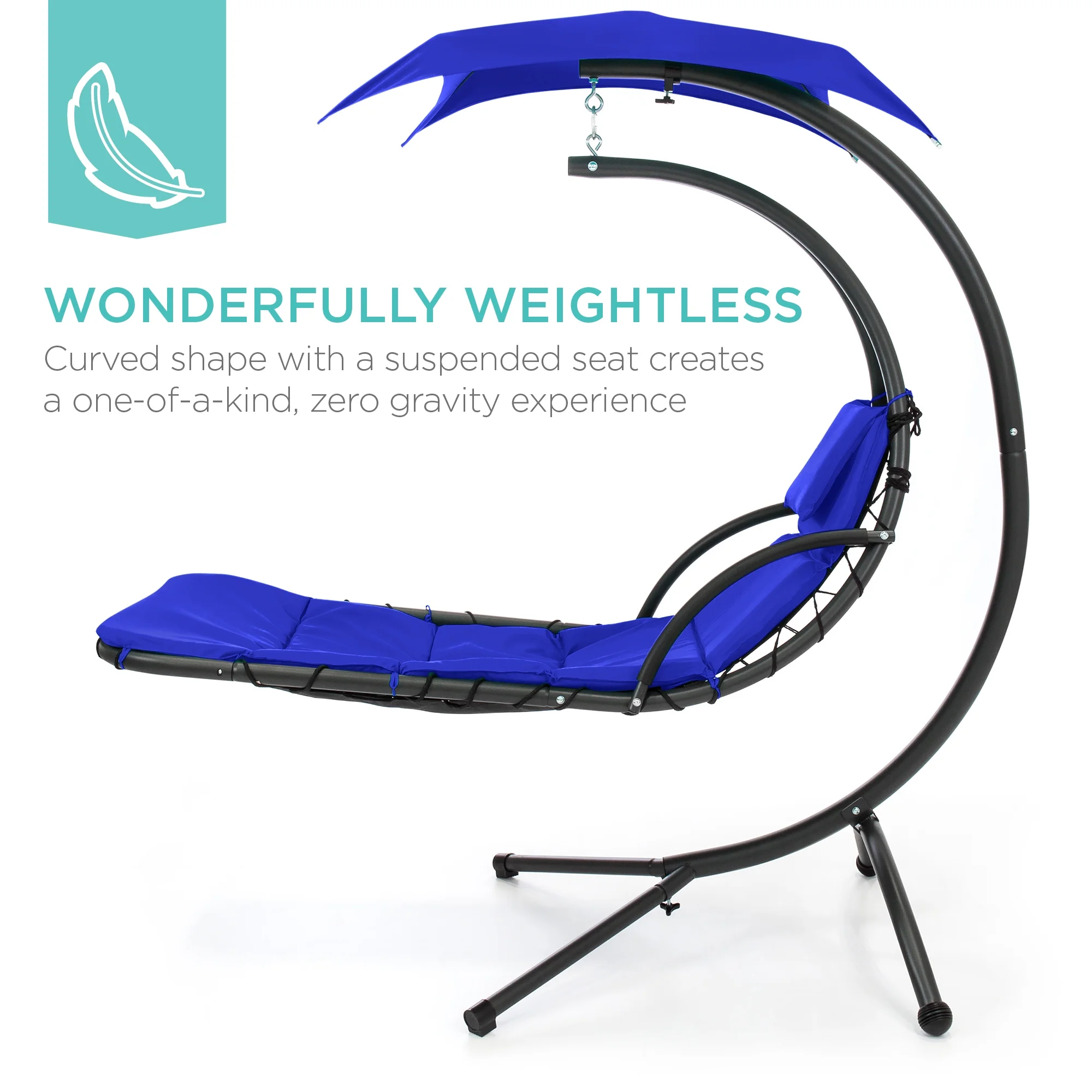 Best Choice Products Hanging Curved Chaise Lounge Chair Swing for Backyard, Patio w/ Pillow, Shade, Stand - Teal - Image 63