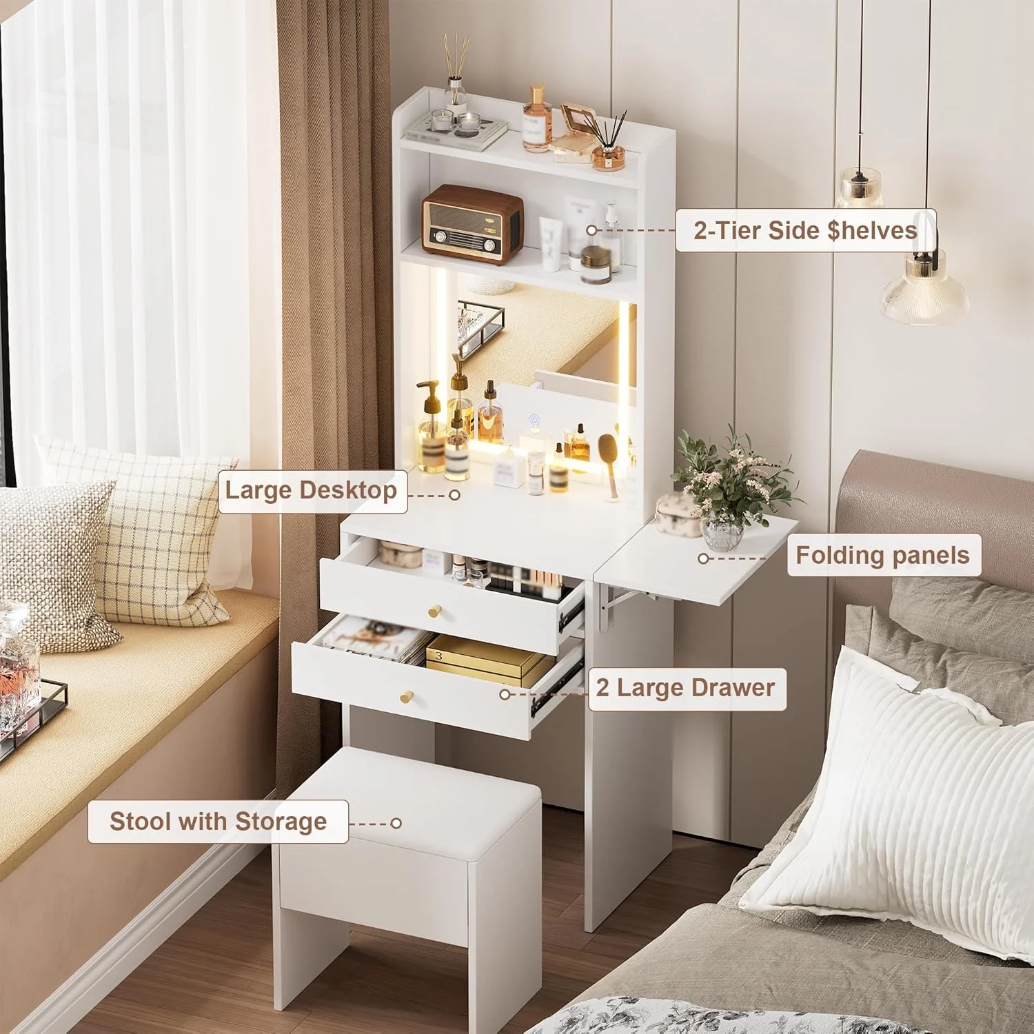 Montary Modern Mini Vanity w/Adjustable LED Mirror + Hidden Storage, Padded Stool & Dustproof Shelves (White) - Image 129
