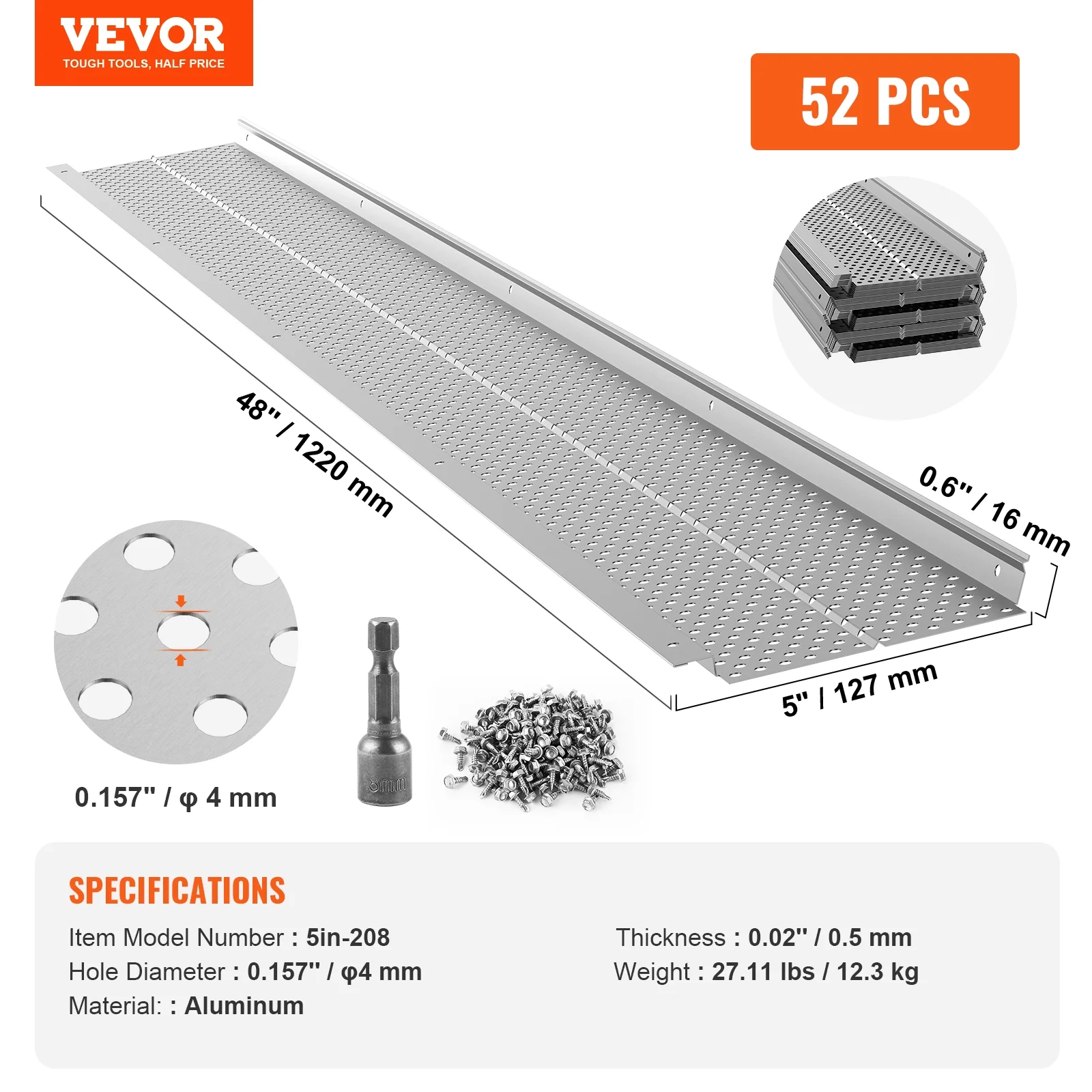 VEVOR Gutter Guard, 5 inch Width, Aluminum Leaf Filter DIY Gutter Cover, 52 PCS 208 ft Total Length, 0.157'' Hole Diameter & 0.02'' Thick Raptor Gutter Guards Fits Any Roof or Gutter Type - Image 7