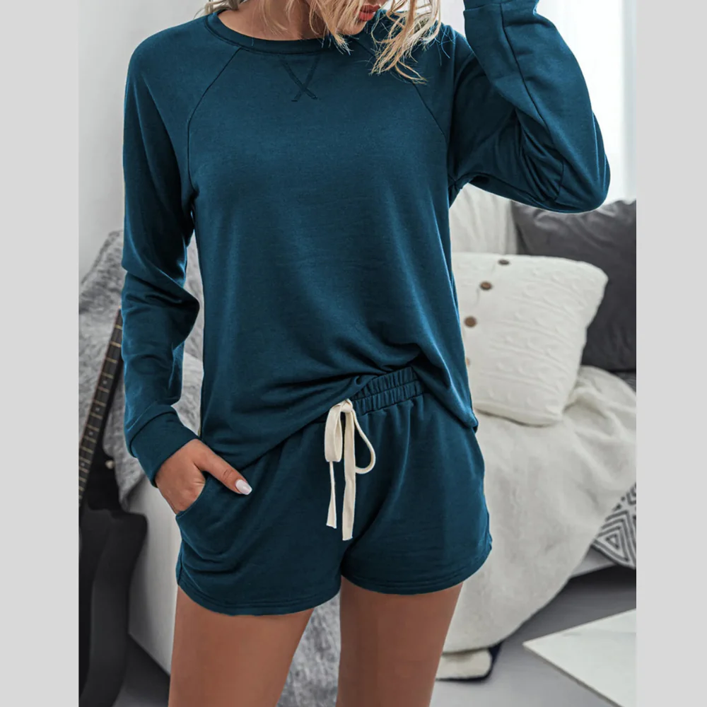 Round Neck Raglan Sleeve Top and Shorts Lounge Set - ZKZOOK