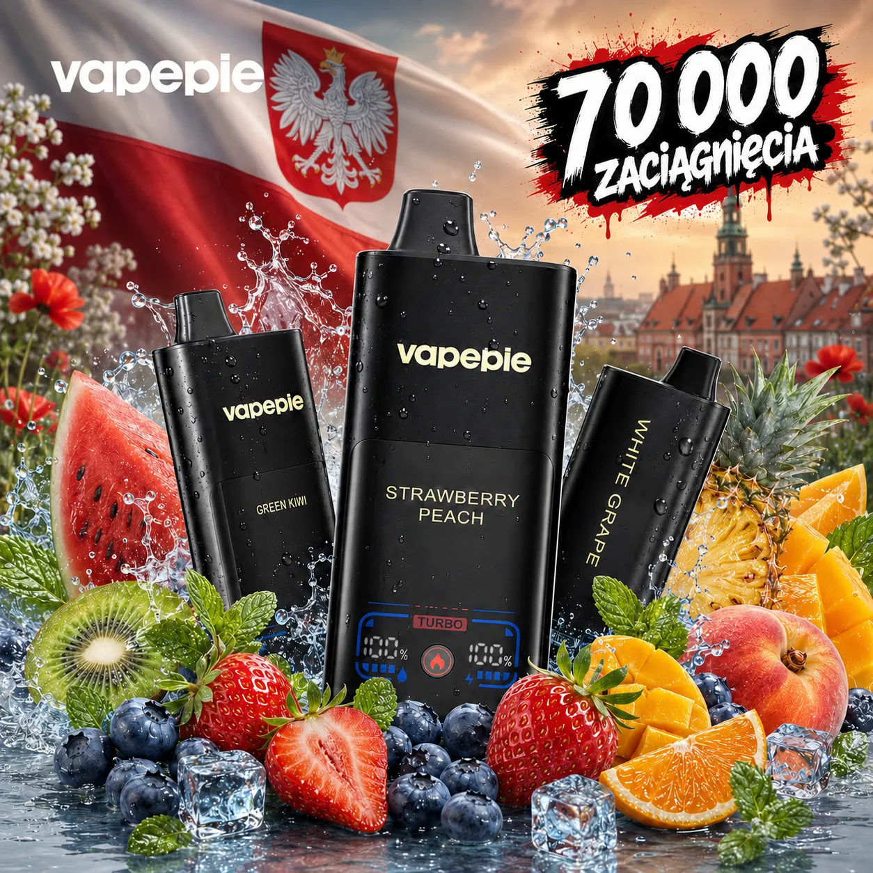 VAPEPIE MEGA 70 000 puffów – 12 smaków, Dual Mesh, TURBO; 30 ml, 1200 mAh, Type-C, 0,4 Ω