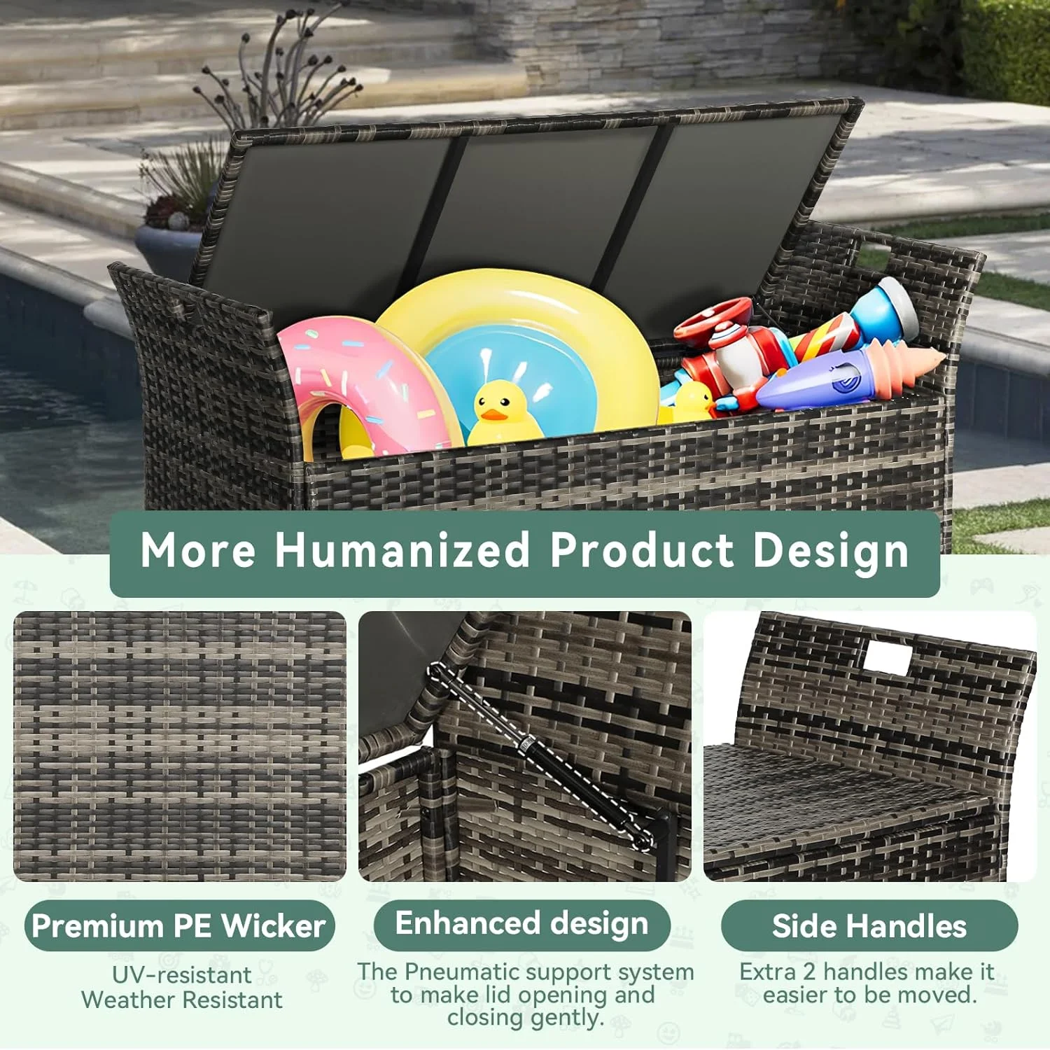 SOLAURA 90 Gallon Patio Wicker Storage Bench w/Cushion, Outdoor Rattan Deck Storage Box w/Handles & Hydraulics, Gray - Image 7