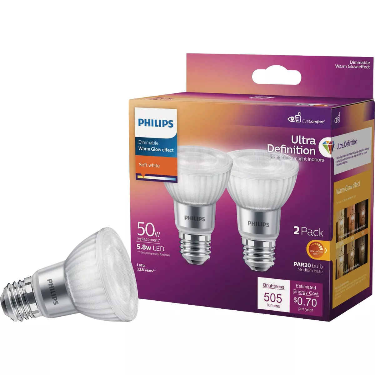 Philips Ultra Definition Warm Glow 50W Equivalent PAR20 Medium Soft White LED Floodlight Light Bulb (2-Pack)