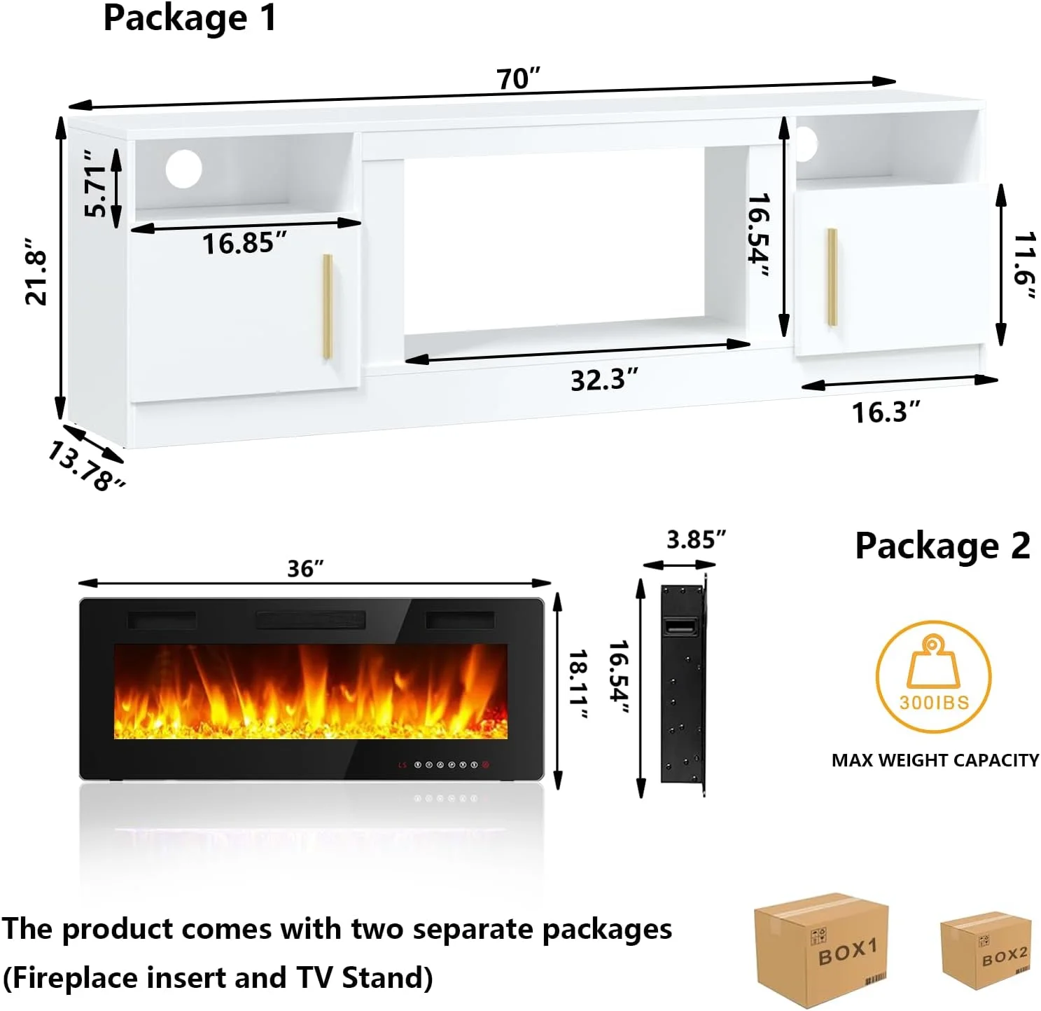 Waleaf Fireplace TV Stand with 36" Electric Fireplace Up to 80" TVs, Modern Wood Media TV Console with Highlight Cabinet, White - Image 7