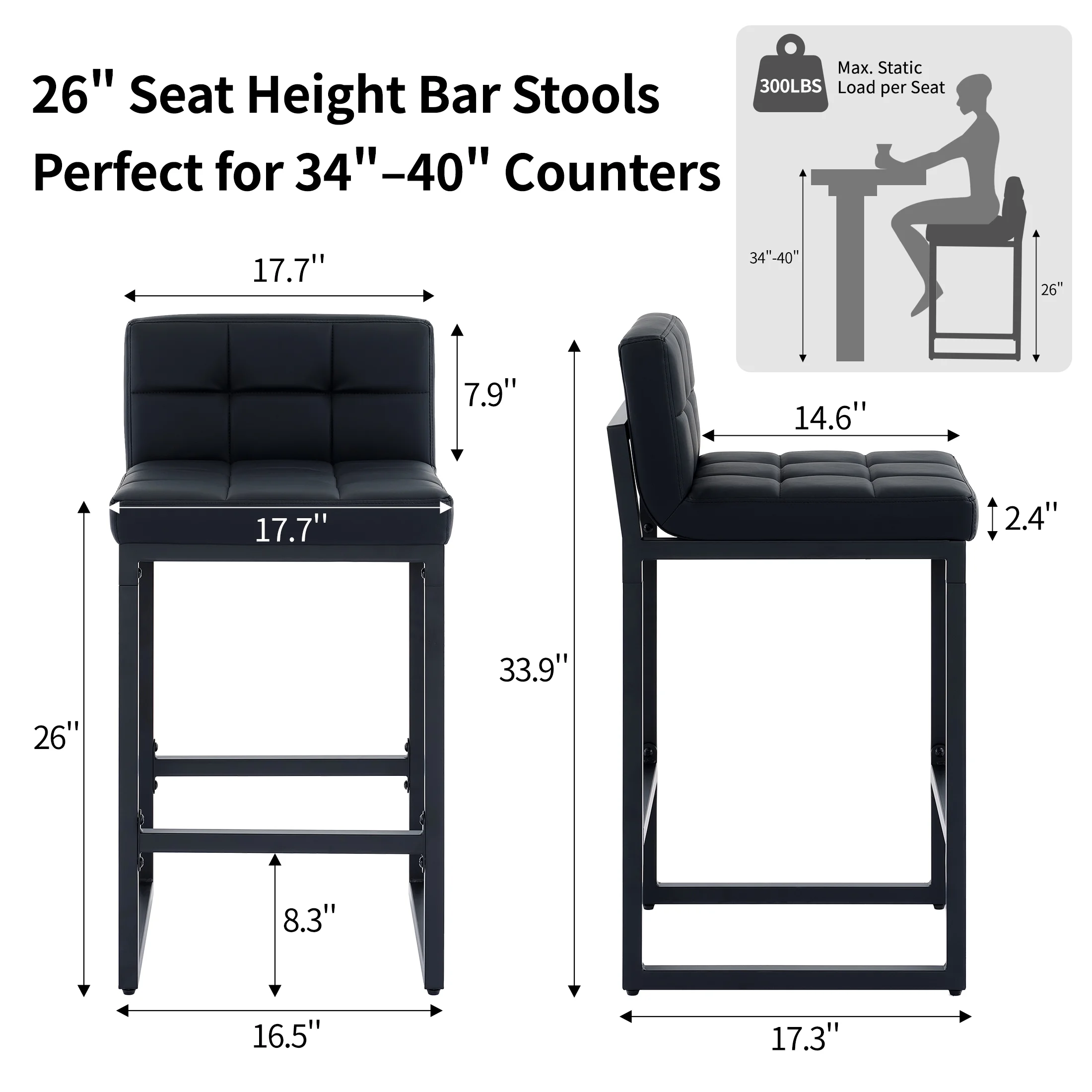 FIRAVOE Bar Stools Set of 3, Counter Height Bar Stools (Low Back)(Thickened Frame) 26" PU Leather Barstools Bar Chairs for Kitchen Island, Black - Image 2