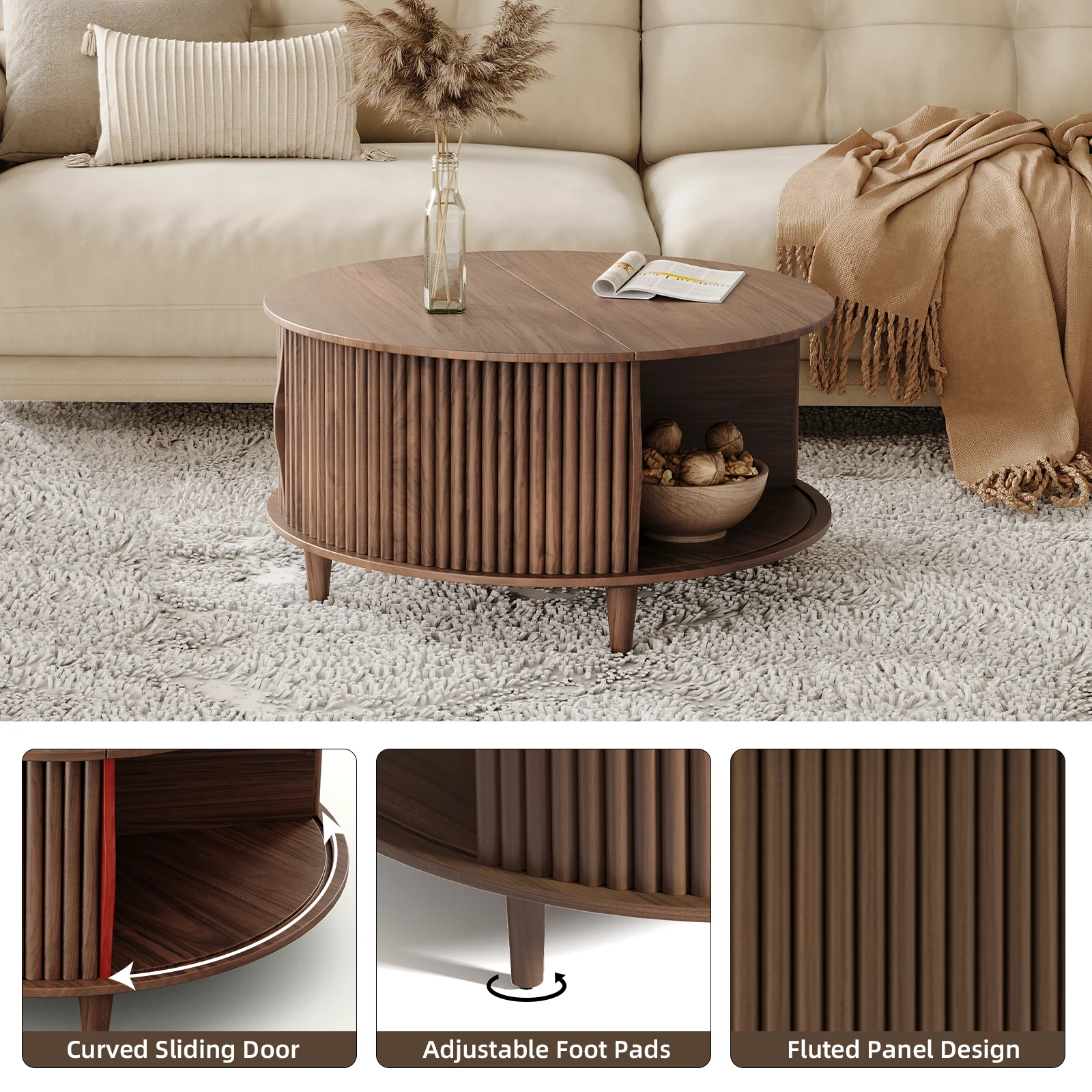 JOINICE Round Coffee Table with Storage and Sliding Door,Mid Century Modern Wooden Center Table,for Living Room,Walnut - Image 2