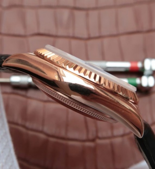 Replica Rolex Day-Date 118135 RG Silver Dial Black Leather Strap A2836 - Elite Watch Atelier