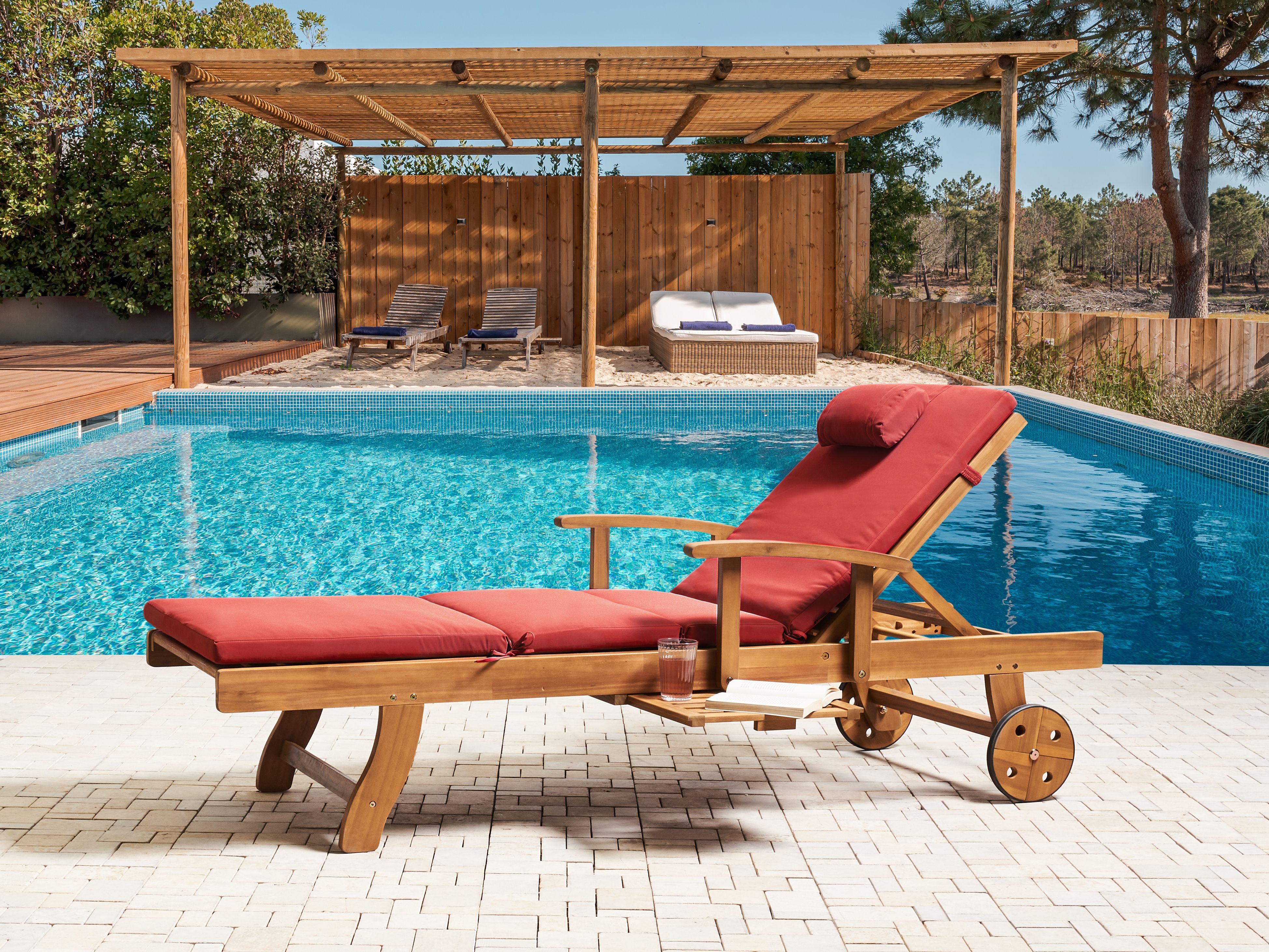 Sun Lounger with Cushion JAVA PREMIUM Acacia Wood Red