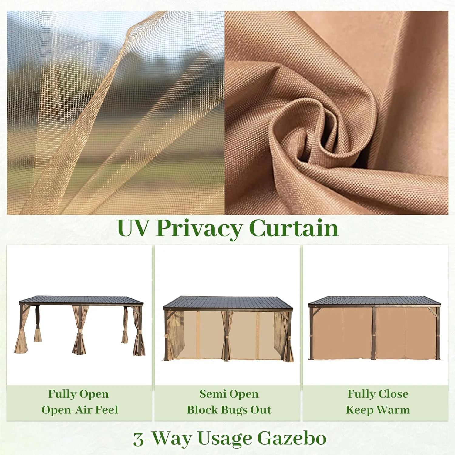 TOTAL Outdoor 10'x12' All-Season Sunroom Gazebo with Steel Roof, PVC Screen, Front & Side Door, Brown - Image 68