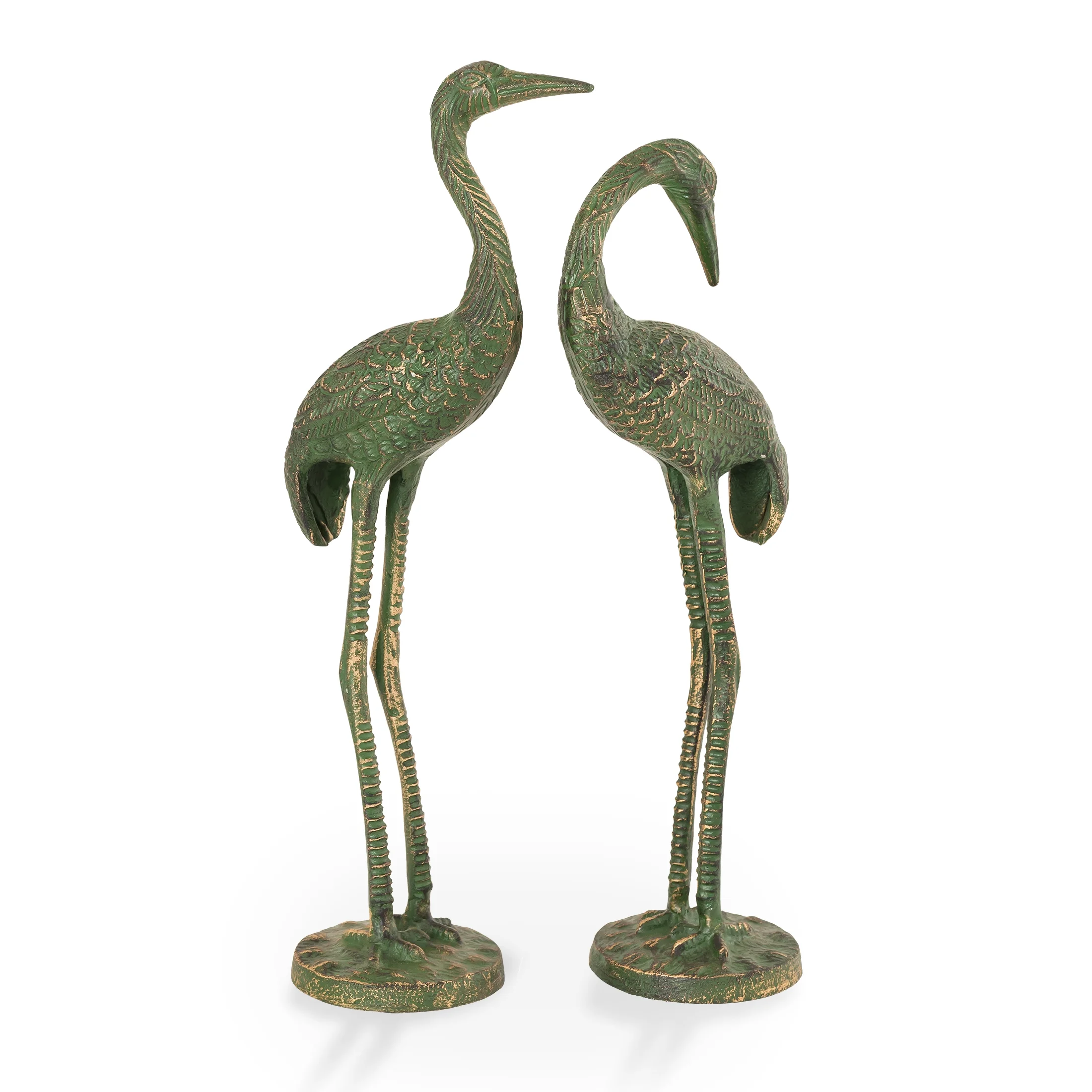 Bashful Crane Pair Antique Verdigris Green Metal Garden Sculpture