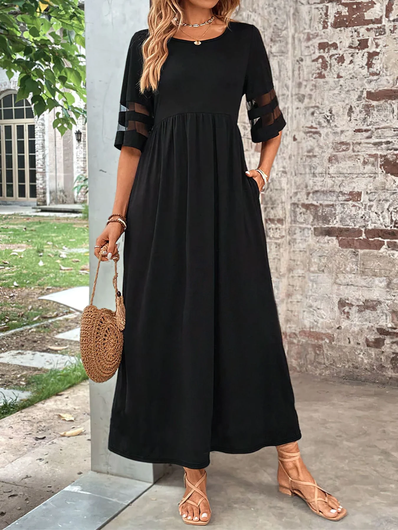 Plus Size Mesh Sleeve Round Neck Dress with Pockets - ZKZOOK