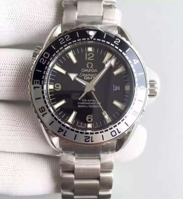 Replica Omega Planet Ocean 600M GMT Black/Silver Bezel Black Dial SS Bracelet A8906 - Elite Watch Atelier