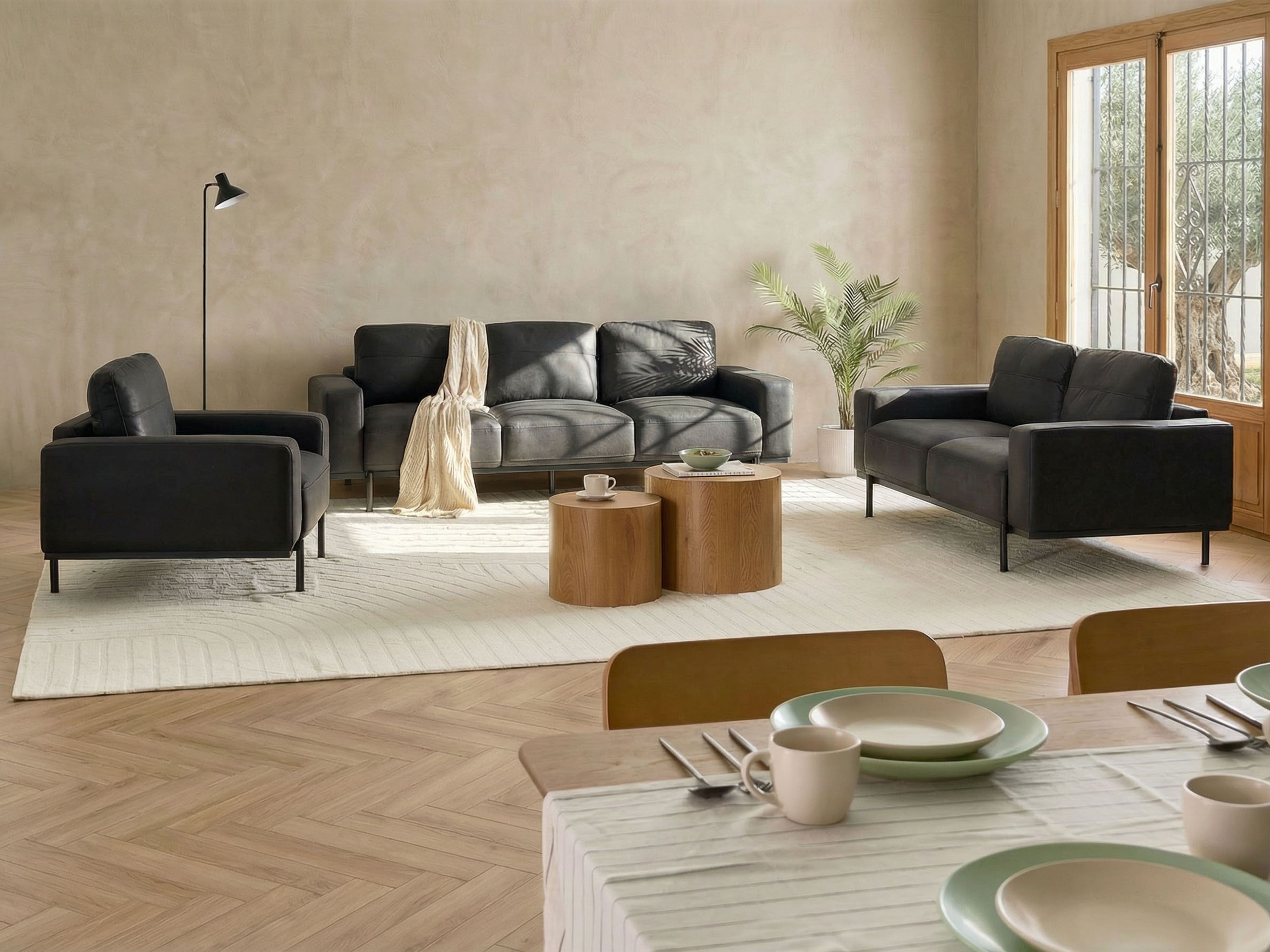 Living Room Set 6 Seater SOVIK Faux Leather Black