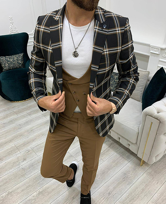 Daily Plaid Pocket Design Two Buttons Lapel Collar Blazer