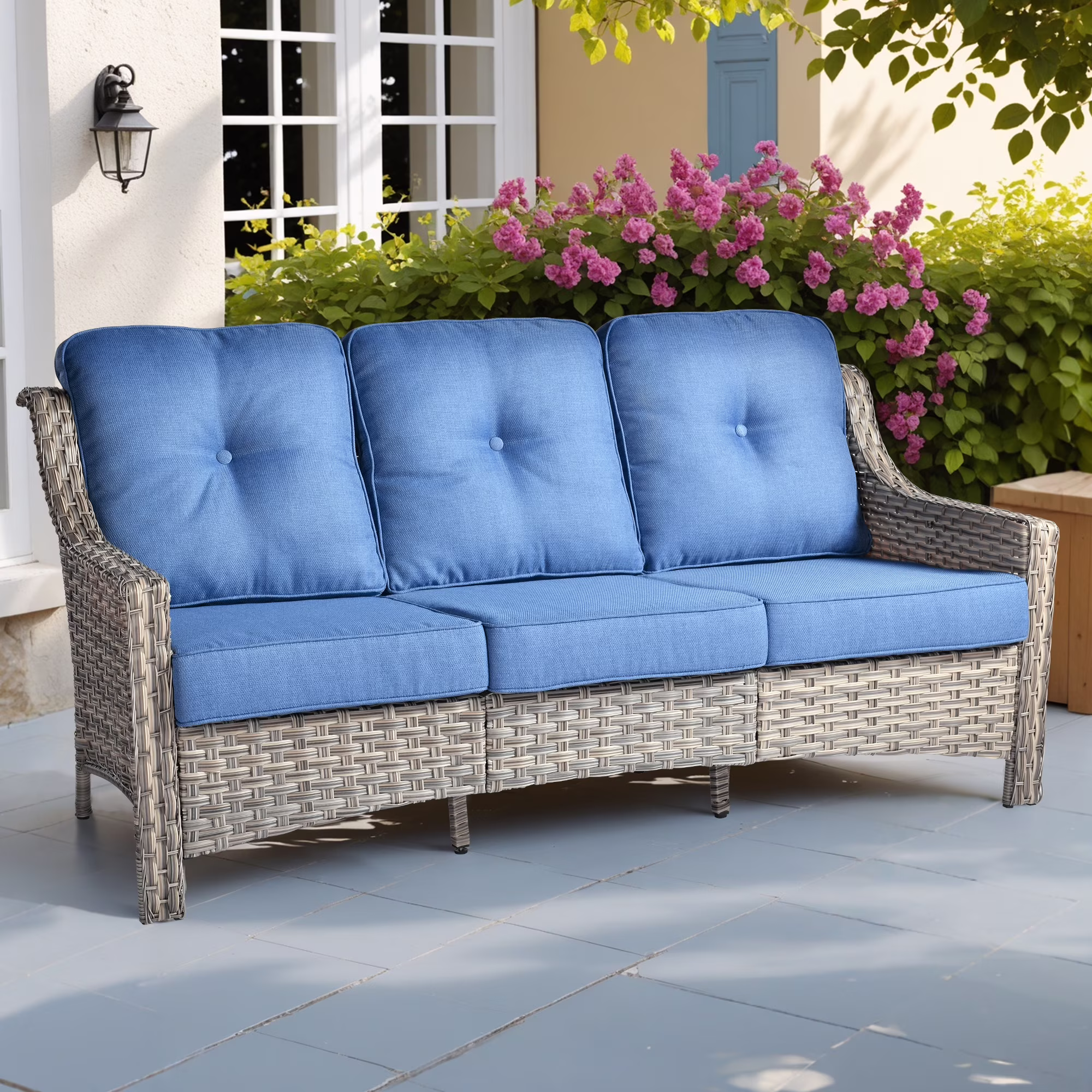 Ovios Outdoor Patio Sofa 3-Seater with Cushions All-Weather Wicker Rattan Couch for Garden, Porch, or Backyard - Image 9