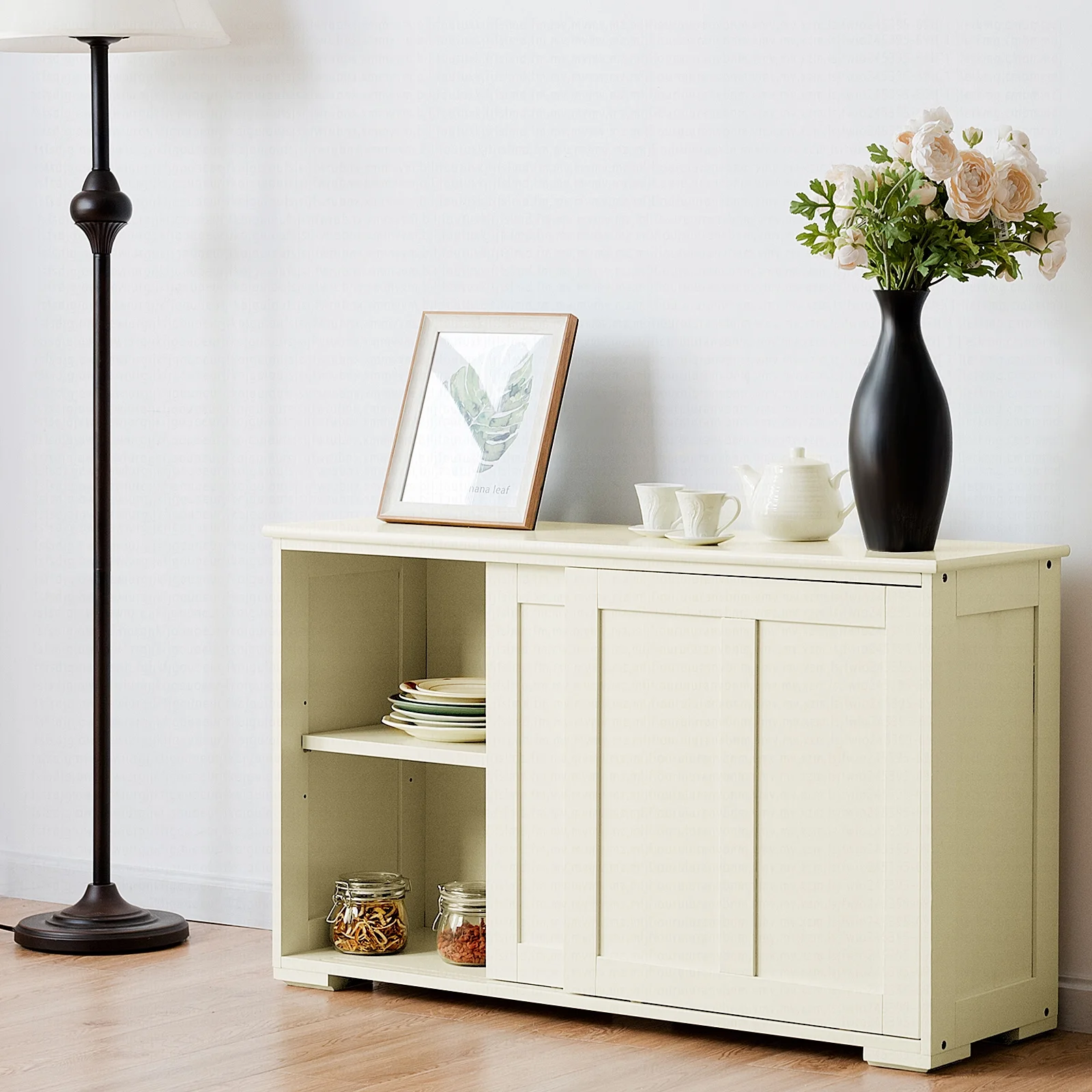 Costway Kitchen Storage Cabinet Sideboard Buffet Cupboard Wood Sliding Door Pantry White