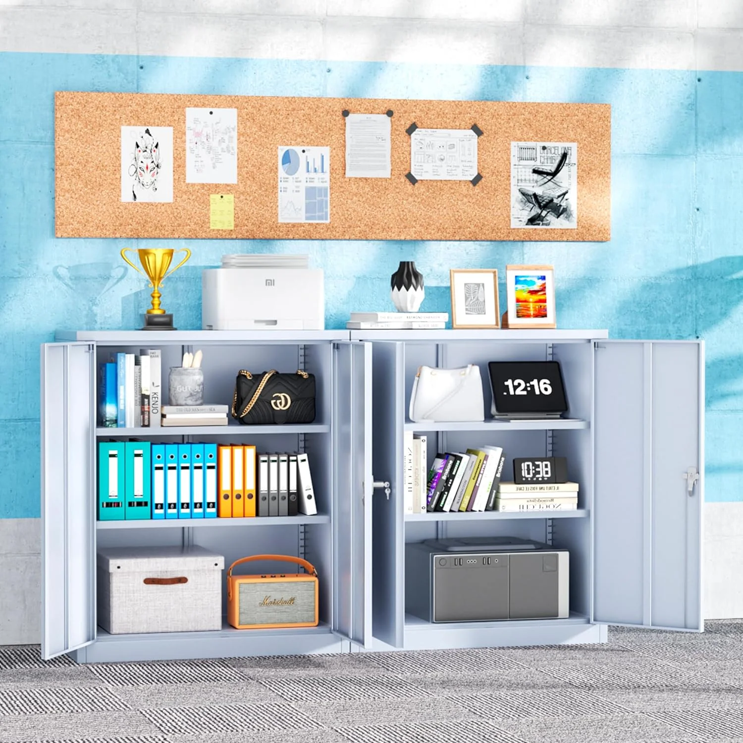 Superday Locking Metal Storage Cabinet with 2 Drawers, Lockable Garage Storage Cabinet with Locking Doors and Adjustable Shelves, Tool Cabinets for Home Office, School, Etc