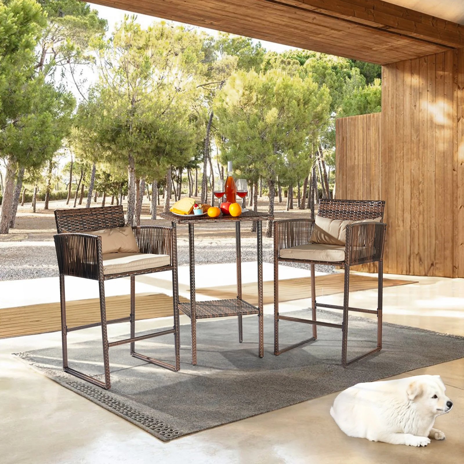 Ktaxon 3 Pcs Wicker Bar Set for Outdoor, Garden, Deck, Rattan Conversatuon Set w/ Cushion, Patio Furniture Set, Brown