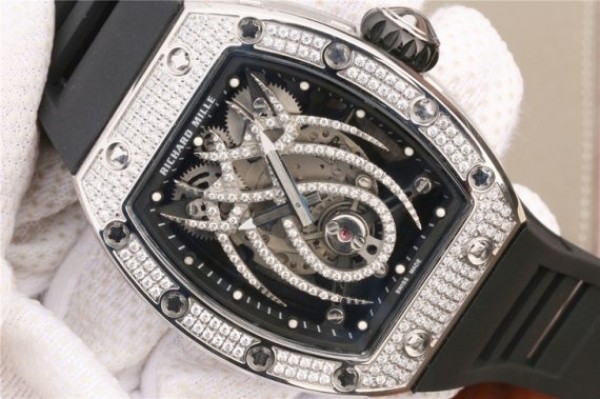 Replica Richard Mille RM 19-01 Tourbillon SS Full Paved Diamonds Case Skeleton Spider Dial Black Rubber Strap 6T51 - Elite Watch Atelier