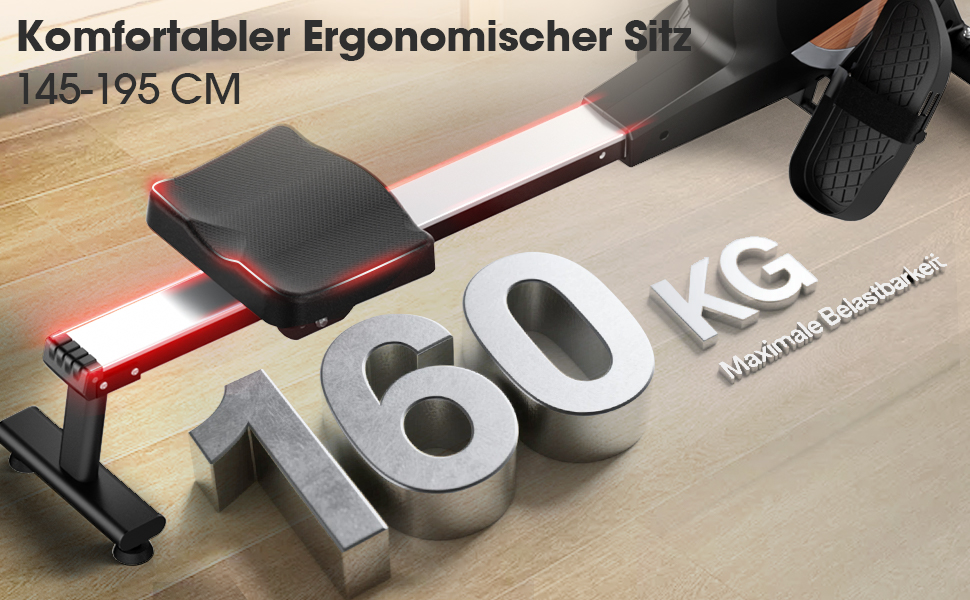 Ergonomiczny fotel wioślarski z czerwoną i srebrną ramą. Tekst brzmi „Komfortabler Ergonomischer Sitz 145-195 CM”. Metalowe cyfry „160 KG” wskazują nośność.