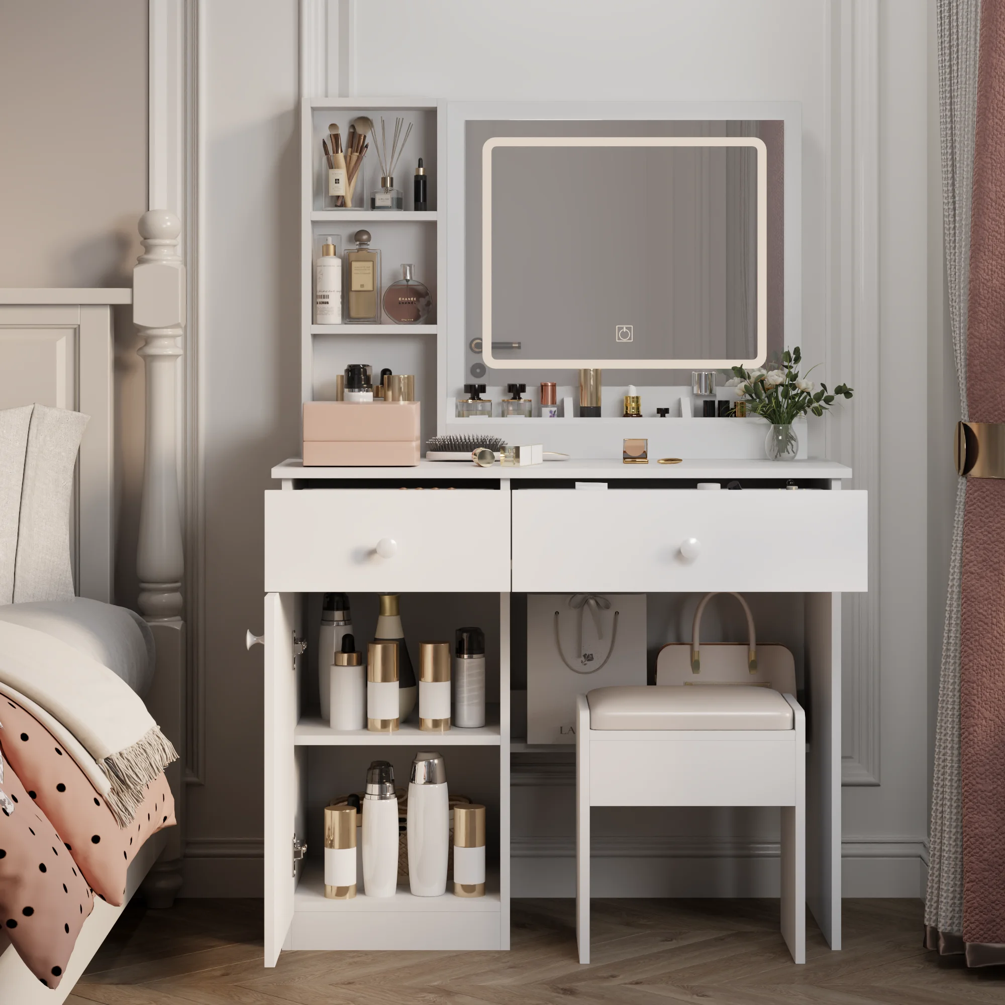 Montary Modern Mini Vanity w/Adjustable LED Mirror + Hidden Storage, Padded Stool & Dustproof Shelves (White) - Image 57