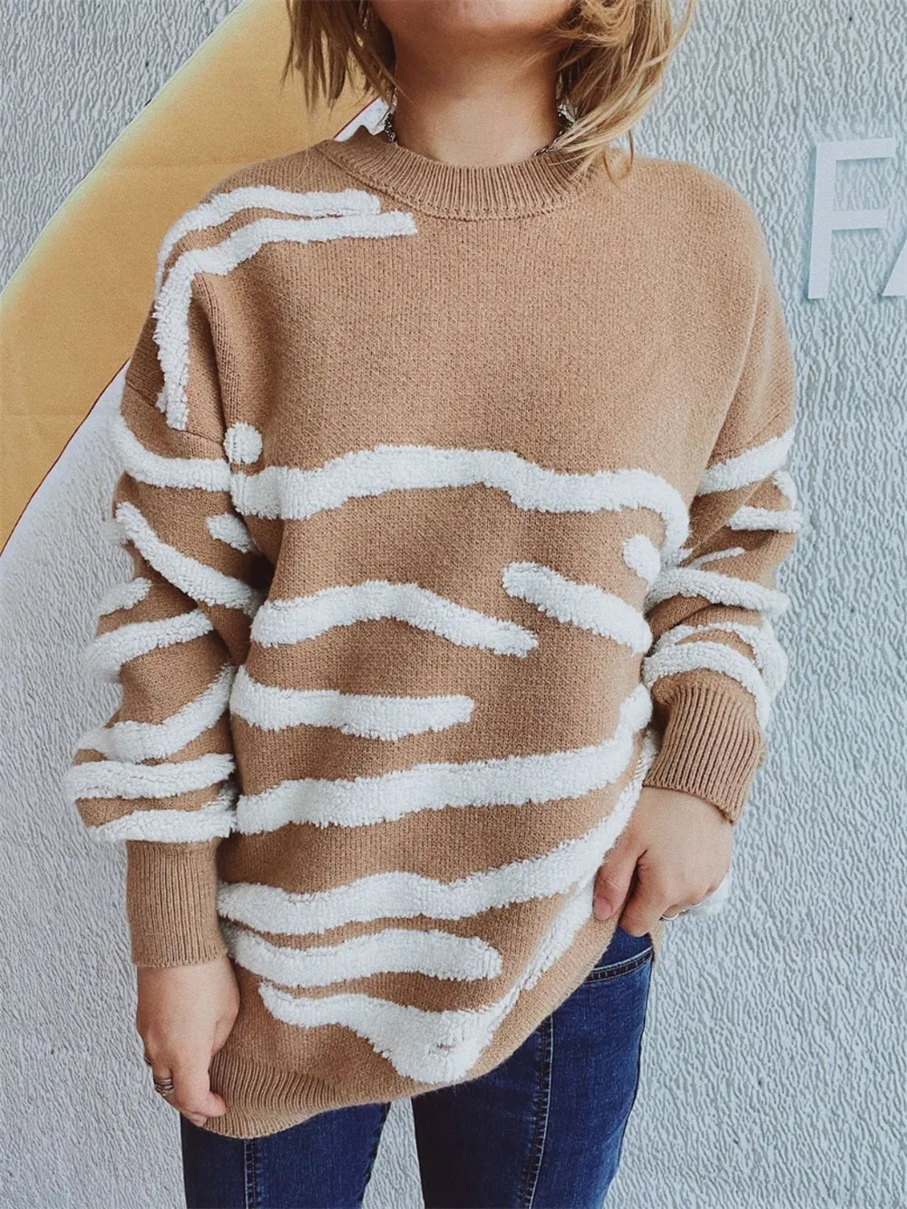 Contrast Round Neck Long Sleeve Sweater - ZKZOOK