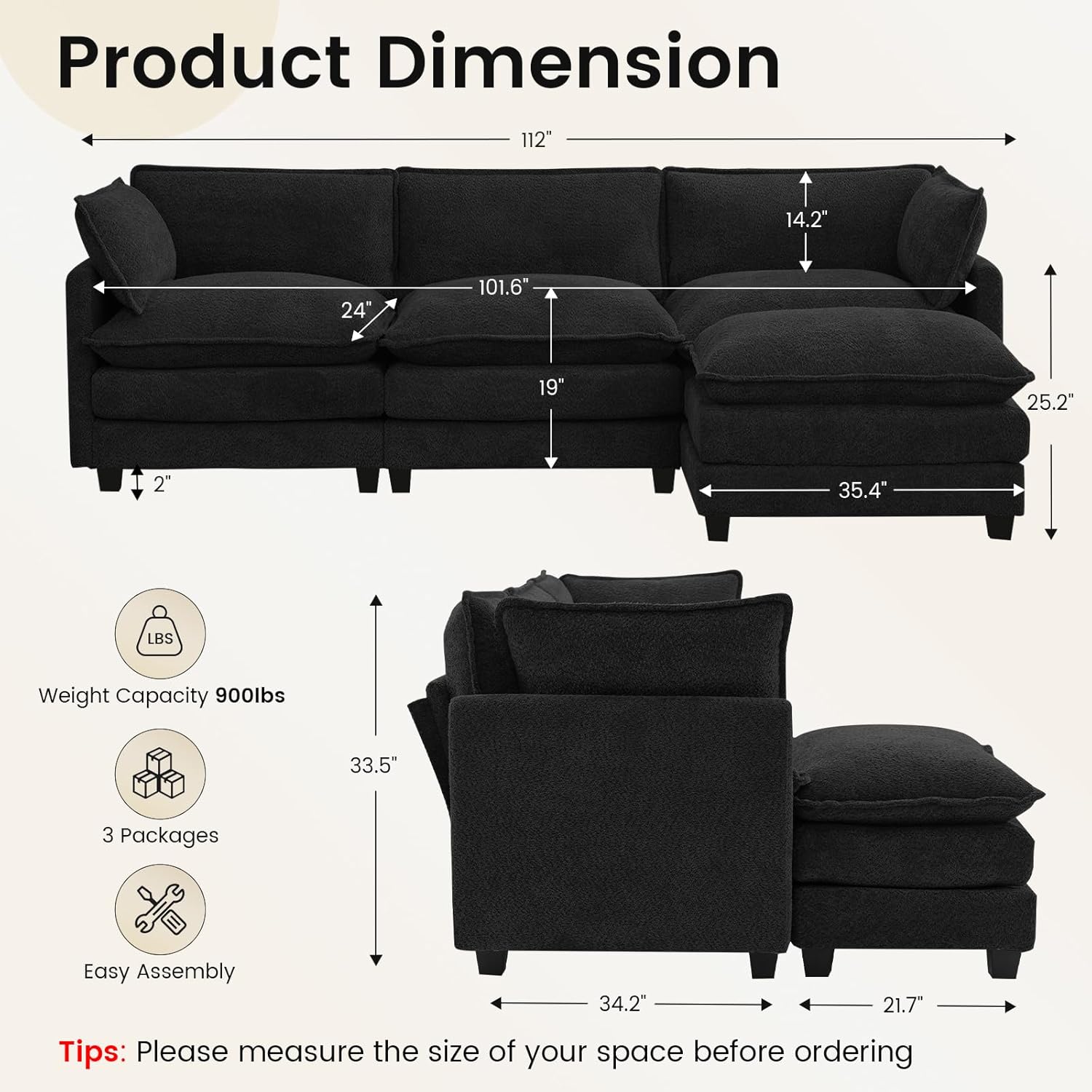 ROWHY Oversized Modular Sectional Couch with Movable Ottoman, 112