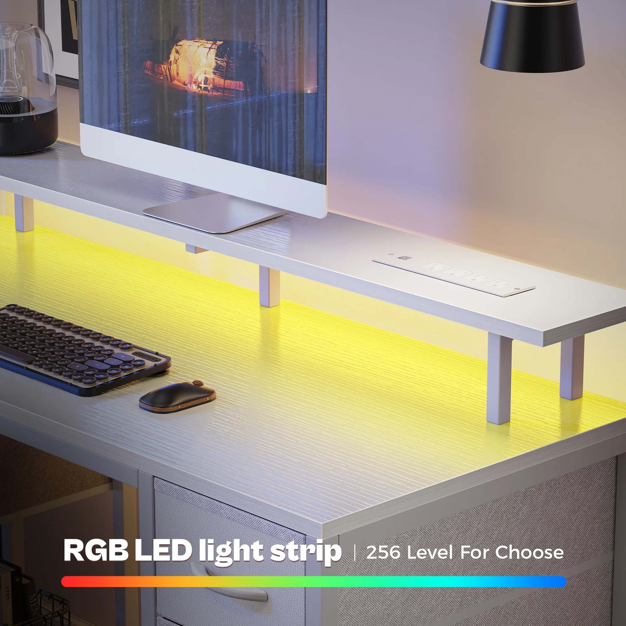 55.1" LED Gaming Desk with Drawers, Computer Desk with Outlets, Office Desk with 4 Drawers, Corner Desk, Writing Desk in White - Image 5
