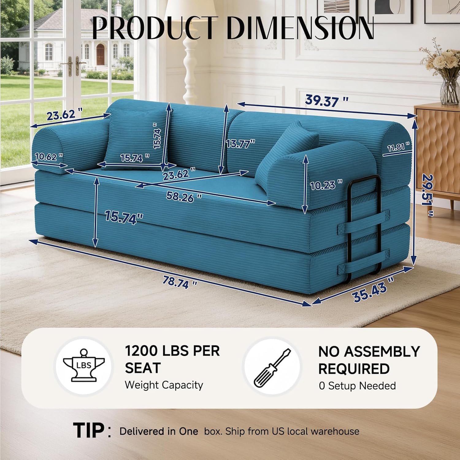 79'' Convertible Sofa Bed, 6 in 1 Folding Floor Futon Couch Sleeper with Fixed Frame, Corduroy Modular Sofa Bed with Removable Armrests & Pillows, No Assembly for Living Room Bedroom (Light Blue)